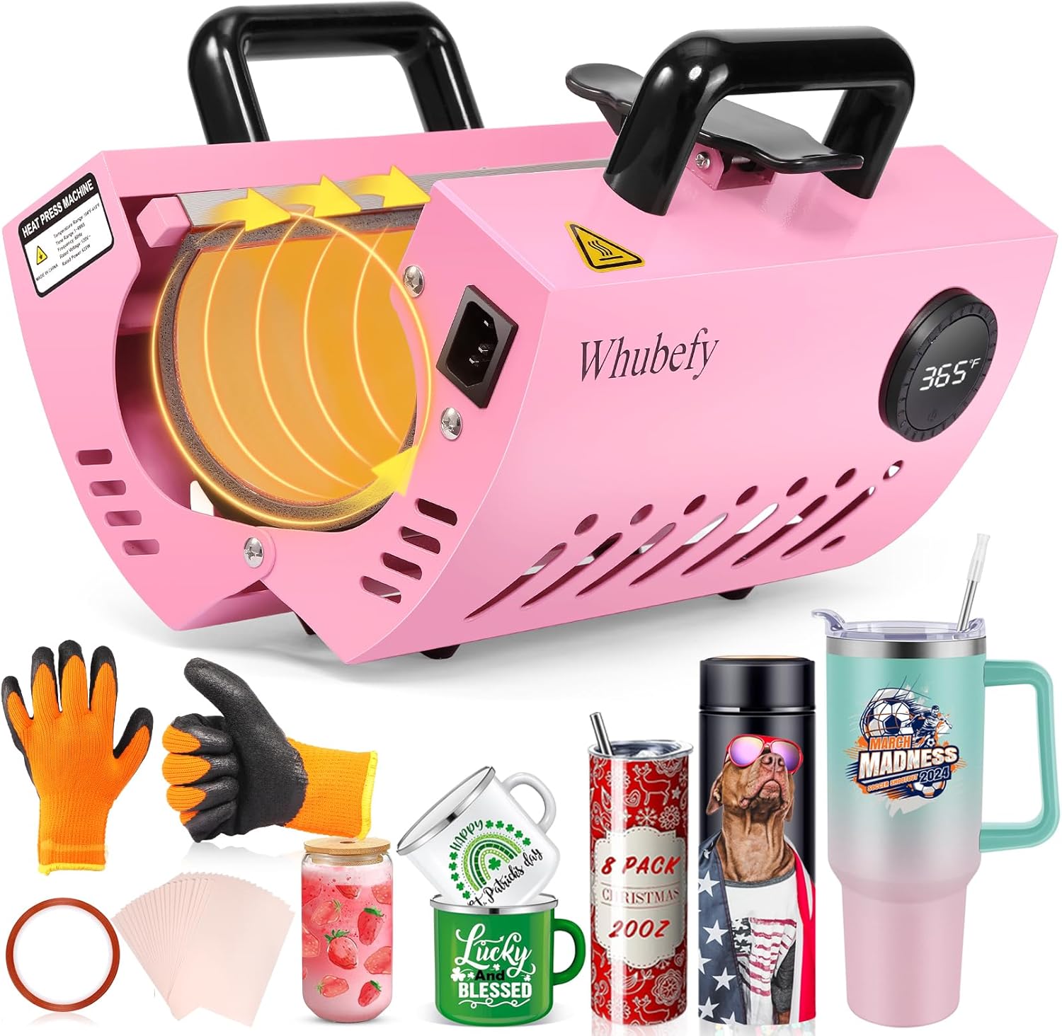 Whubefy Tumbler Heat Press Machine Pink for 30oz 20oz Sublimation Blank Skinny Tumbler 11-16oz Coffee/Ceramic/Stainless Steel/Aluminium Mug Cup with Heat Paper, Tape & Gloves As Gift for Easy Custom