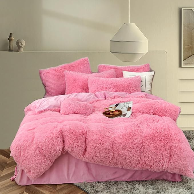 MorroMorn Fluffy Shag Pink Comforter Cover Queen Set