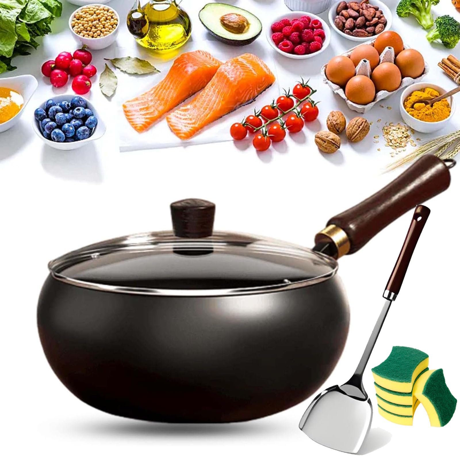Japanische Gusseisen Wok Pfanne, unbeschichtete gesunde Kochtöpfe mit Deckel, traditionelle Kohlenstoffstahl Woks, Hand gehämmerte Nichtklebrige Brattpfannen Made in Japan,für Hammered-Glass-Lid 24cm
