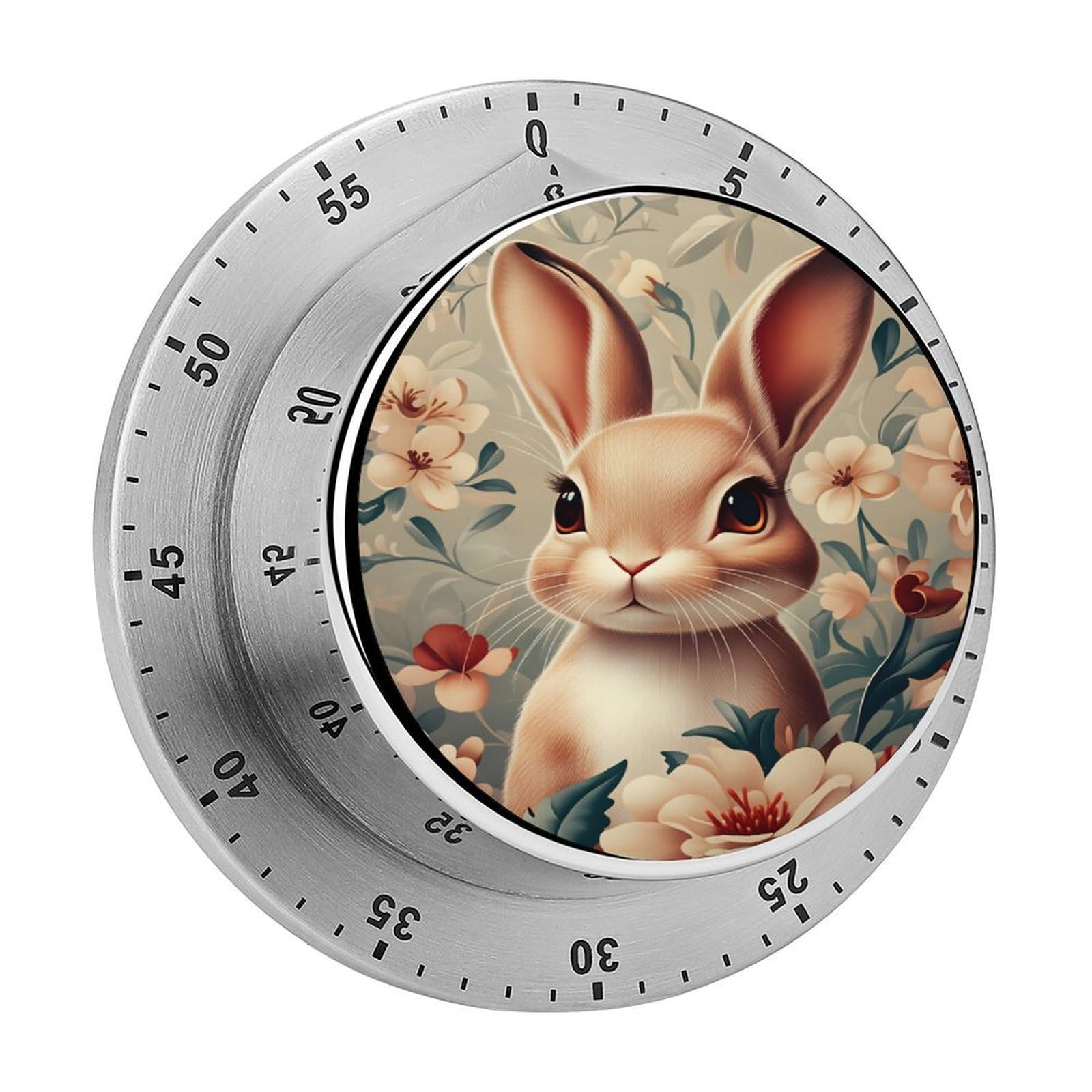 Cute Bunny Rabbit Floral Vintage 60 Minute Wind Up Timer,Visual Mechanical Magnetic Timer with Loud Alarm for Kitchen