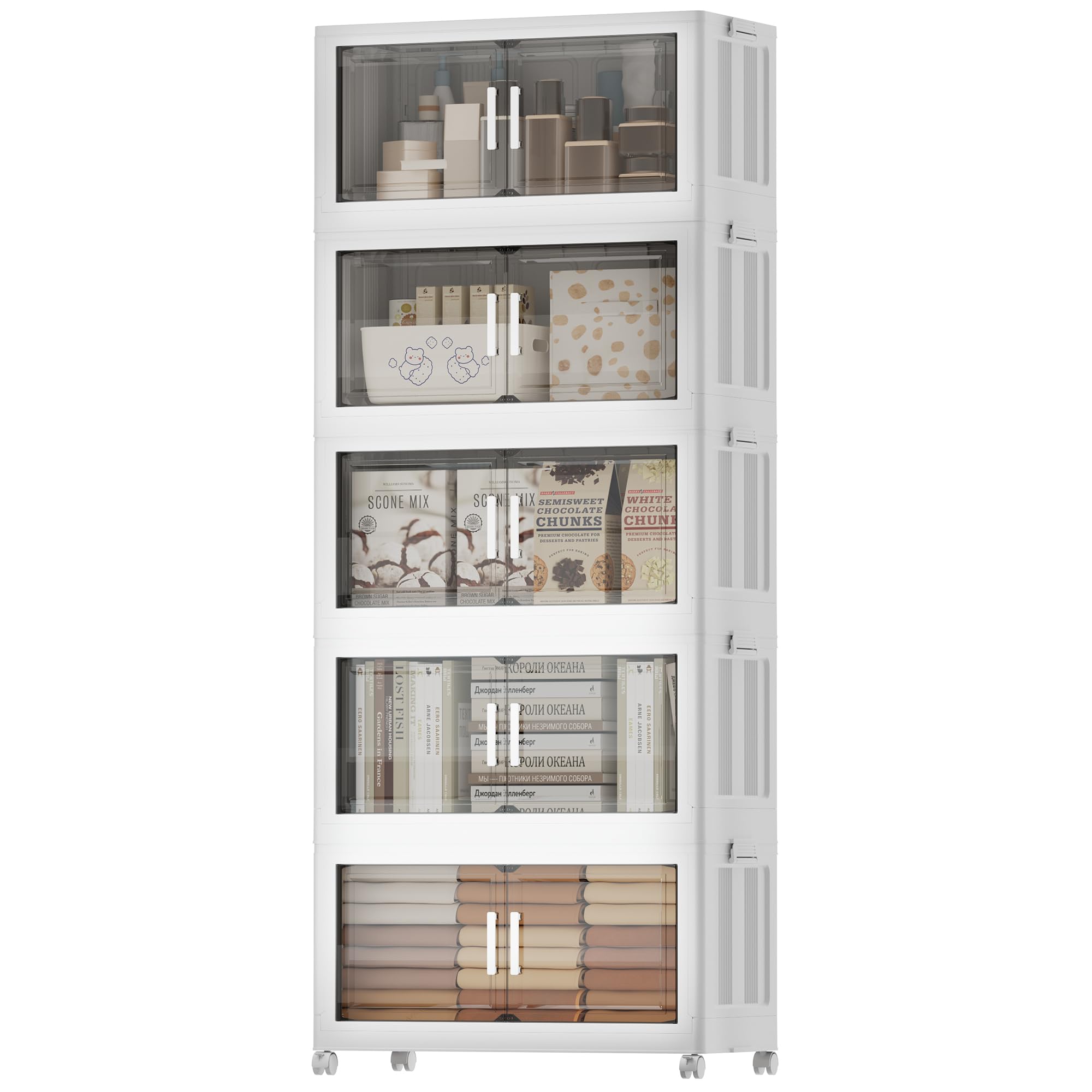 Naviconvex Storage Boxes with Lids, 5 Tier 400L Plastic Storage Box with Magnetic Doors and Wheels, Stackable Storages Boxes, Foldable Storages Drawers and Organization for Kitchen, Office, Home