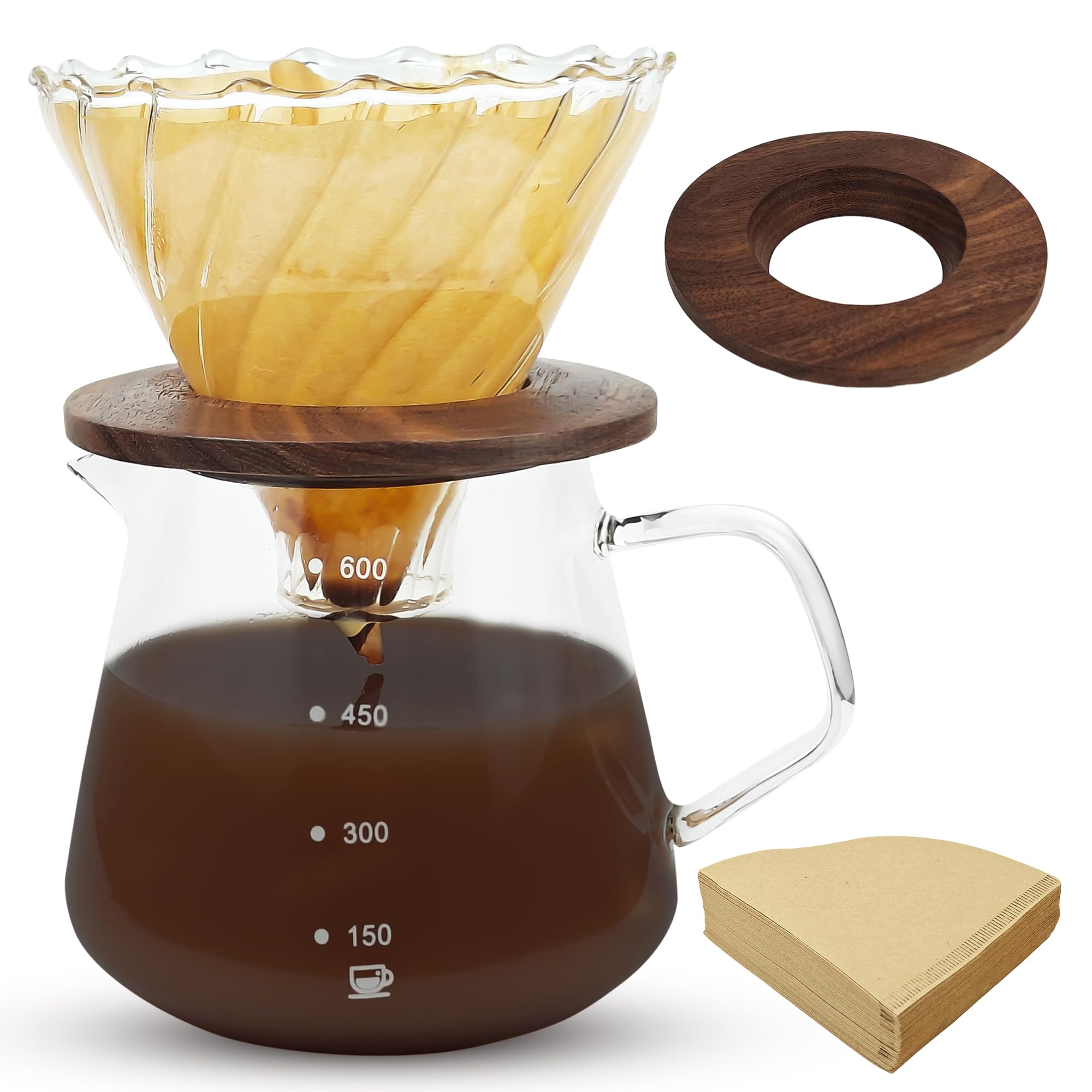 Aramanara Pour Over Coffee Maker 600 ml Clear Borosilicate Glass Coffee Carafe, Drip Coffee Maker with 100 pcs Paper Filter and Walnut Handle for Cafe Home Restaurant