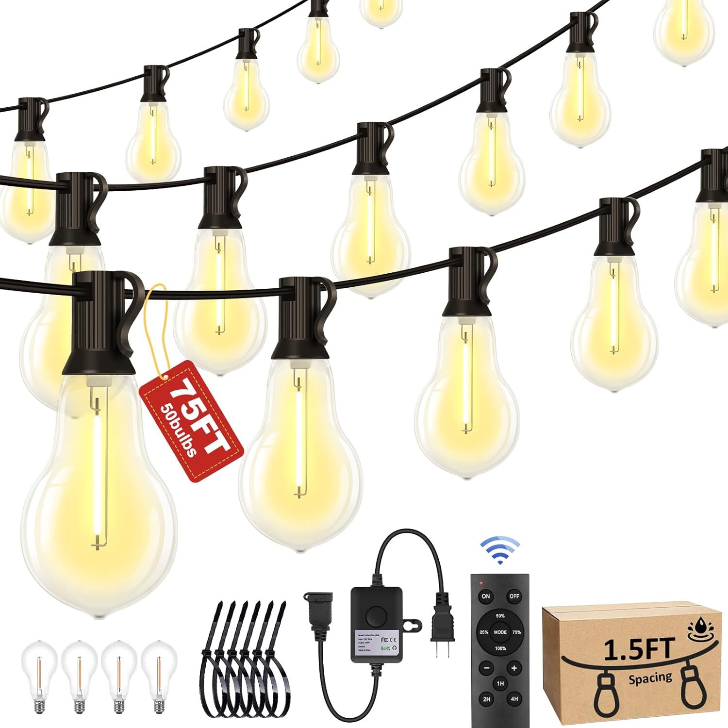 75FT Outdoor String Lights Waterproof with 50+4 Bulbs , Remote & Dimmer, Commercial Patio String Lights with 3 Mode Ligh