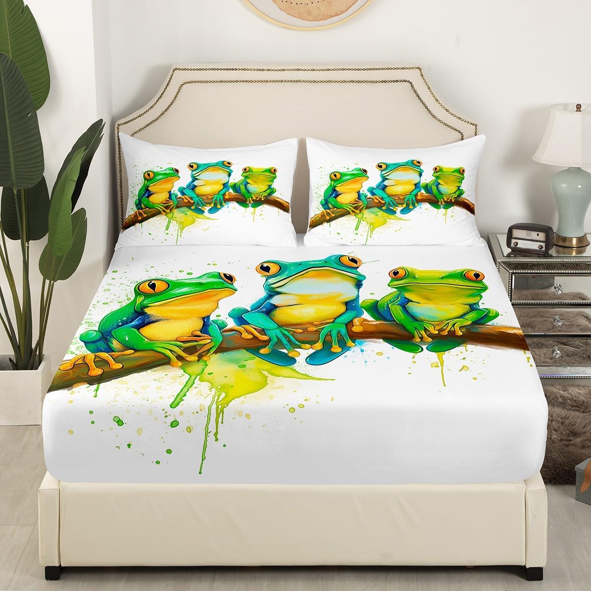 Erosebridal Cartoon Frog Bed Sheets Queen Size, Green Tie Dye Sheet Set, Tree Frog Branch Bedding Set,Reptile Animal Soft Fitted Sheet for Kid Adult, White Room Decor Flat Sheet with 2 Pillowcases