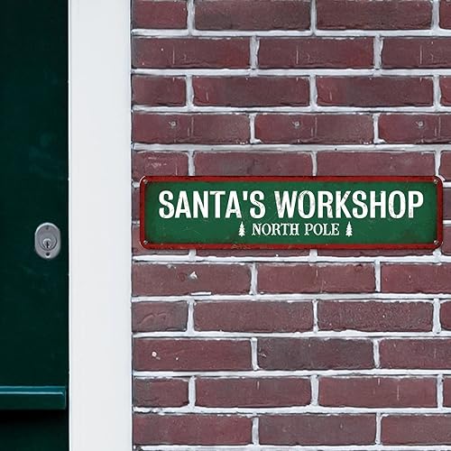 Vista 71 de Santa's Workshop North Pole Street Letreros personalizados de metal para exteriores, letrero de metal de bienvenida para Navidad, decoración