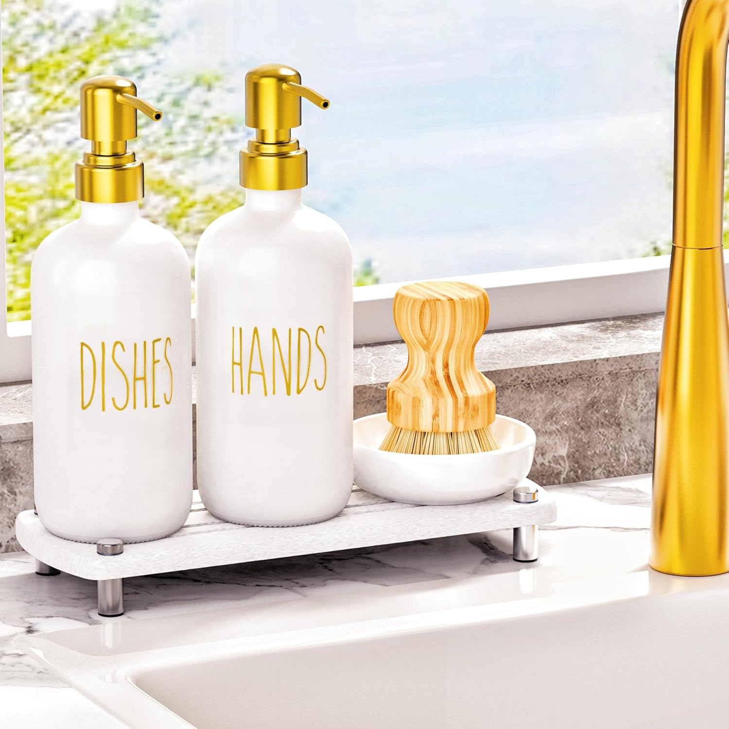 Gold Soap Dispenser Set Comes with Stainless Steel Pumps, Instant Dry Tray, and Dish Scrub Brush, Kitchen Soap Dispenser Set Suitable for Kitchen Decor and Bathroom Accessories(Gold) - Image 8
