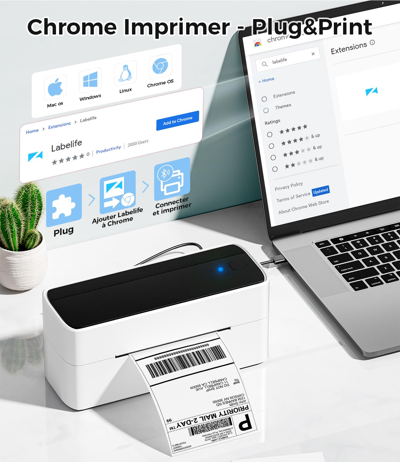 Phomemo PM241BT Imprimante d'étiquettes Bluetooth Thermique 4x6 pour Expédition Code à Barres