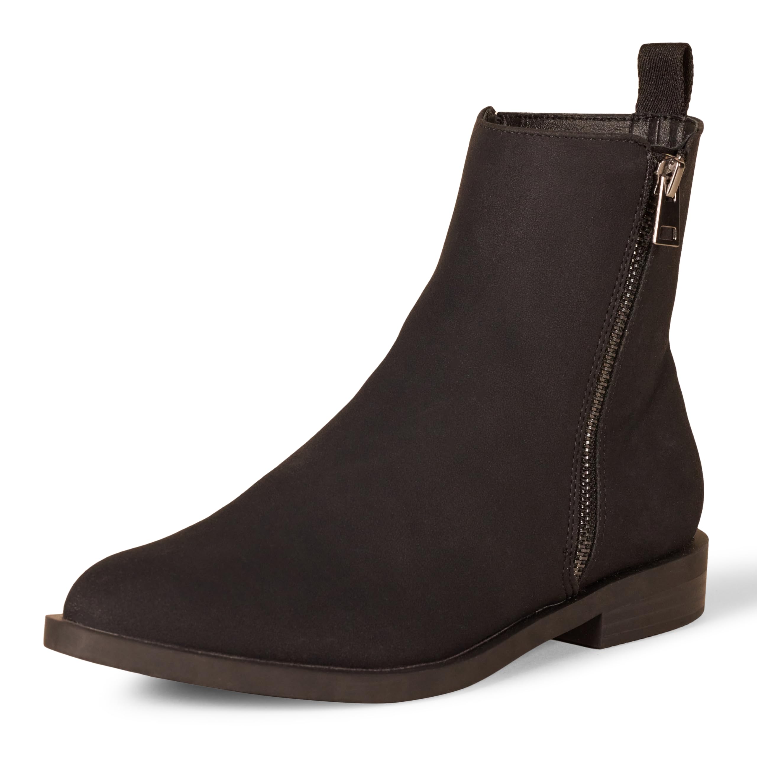 Amazon Essentials Women's Exterior Zip Flat Ankle Boot, Black Faux Suede, 6.5 UK