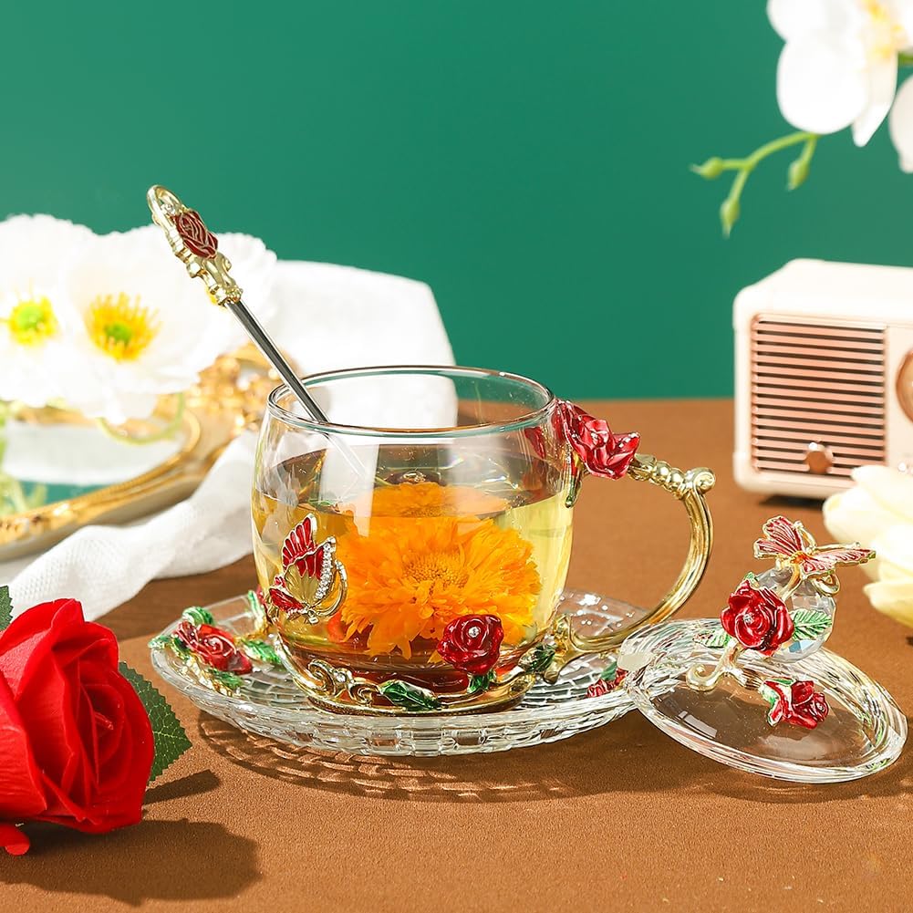 Fancy Glass Tea Cup with Lid Saucer Spoon Flower Coffee Mug Unique Birthday Gift for Friend Female Mother-in-Low Daughter House Warming Gift(Tall Red) - Image 6