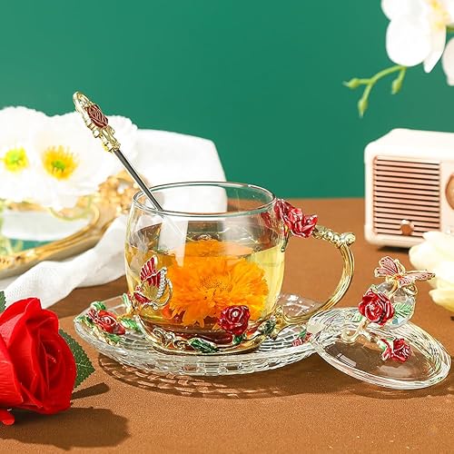 Miniatura 2 de Lantree. Taza de Navidad, para café, de vidrio, con tapa, cuchara, plato, para boda, aniversario, cumpleaños, para mujeres, mamá, hermana, amiga.