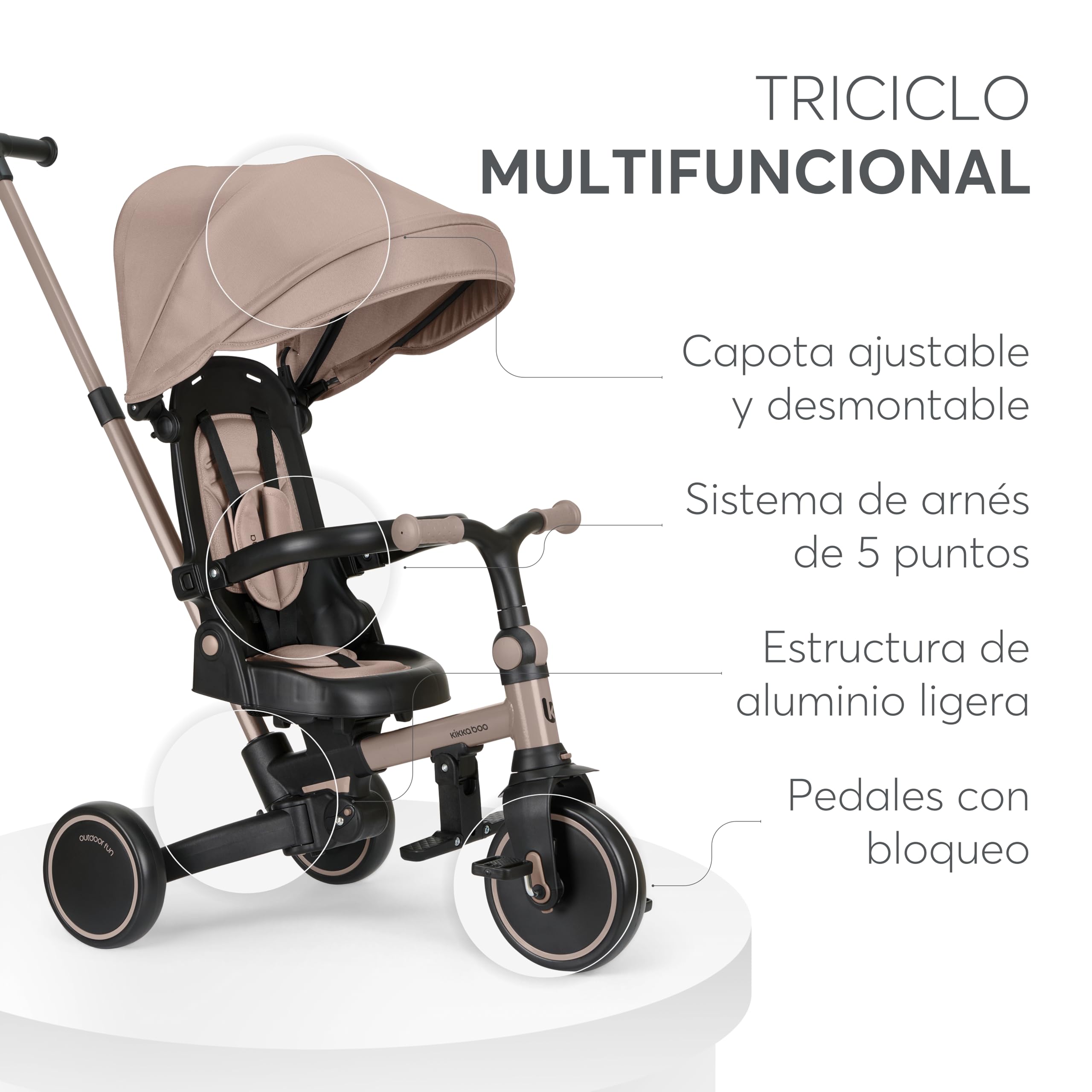 KikkaBoo Triciclo Evolutivo ALUMA 8 en 1, Triciclo Bebé Plegable con Manillar Padres, Asiento Reversible, Capota Ajustable, Arnés 5 Puntos, Marco Aluminio Beige — view 5