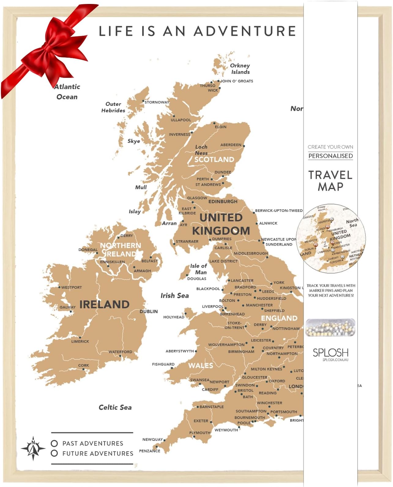 Splosh Travel Map - Desk UK Map Pin Board in White, Wooden Frame. Travel Map with 100 Pins in 2 Colours to Personalise and Mark Your Past and Future Adventures