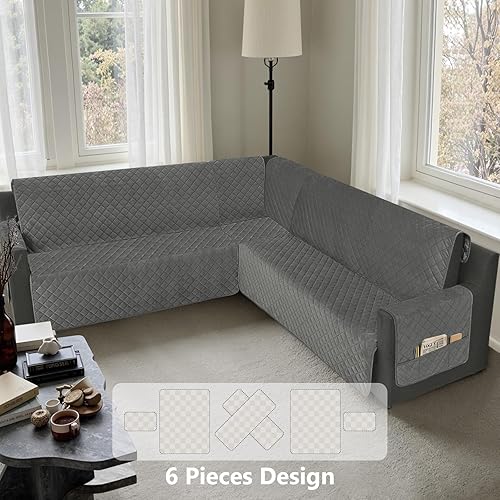 Miniatura 2 de Fundas de terciopelo en forma de L para sofá, fundas impermeables para sofá seccional esquinero, para mascotas y perros, 6 piezas antideslizantes y