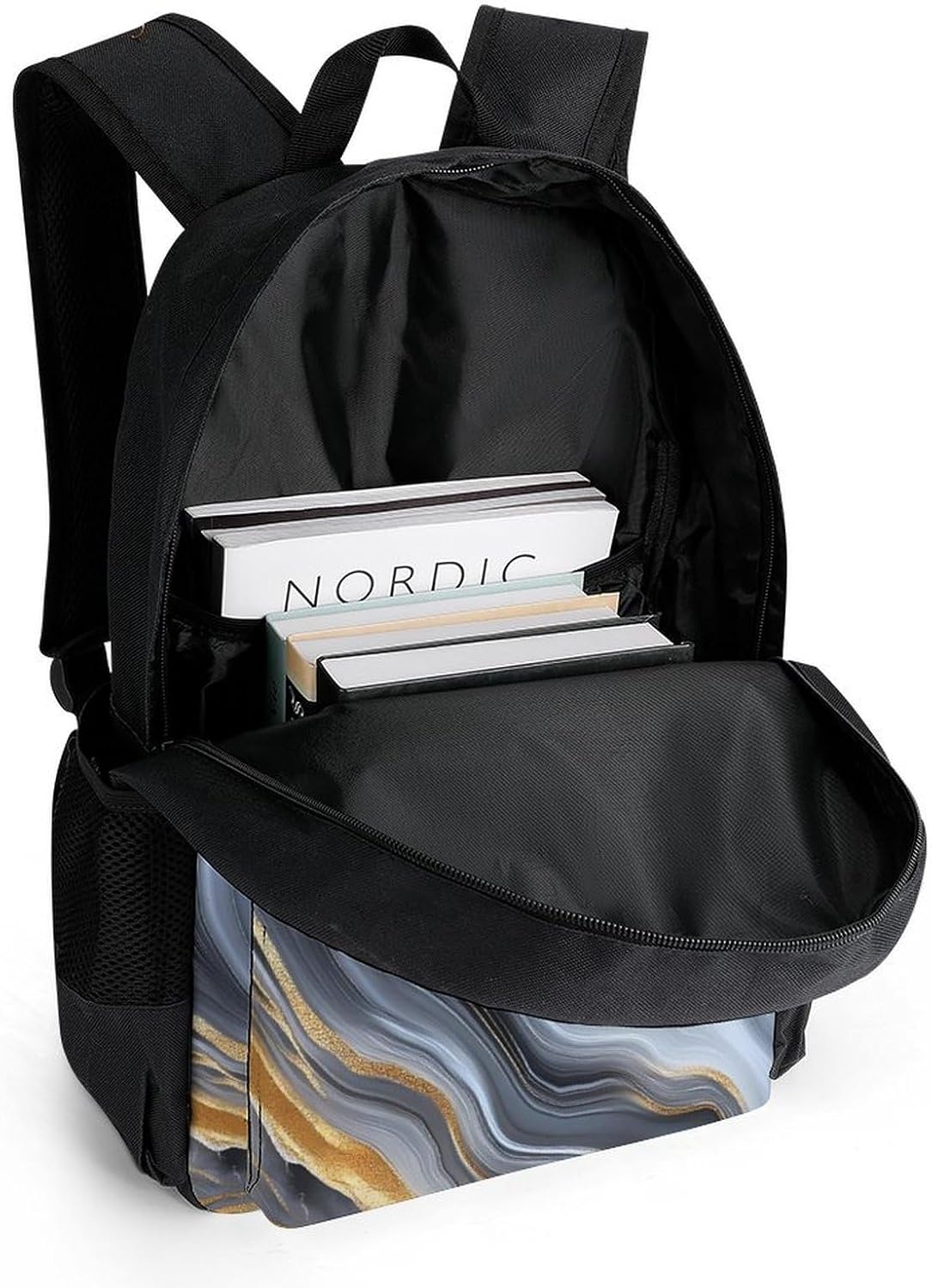 Gold And Black Agate Print Travel Backpack Casual Daypack Shoulder Bag with Adjustable Shoulder Straps for Men Women
