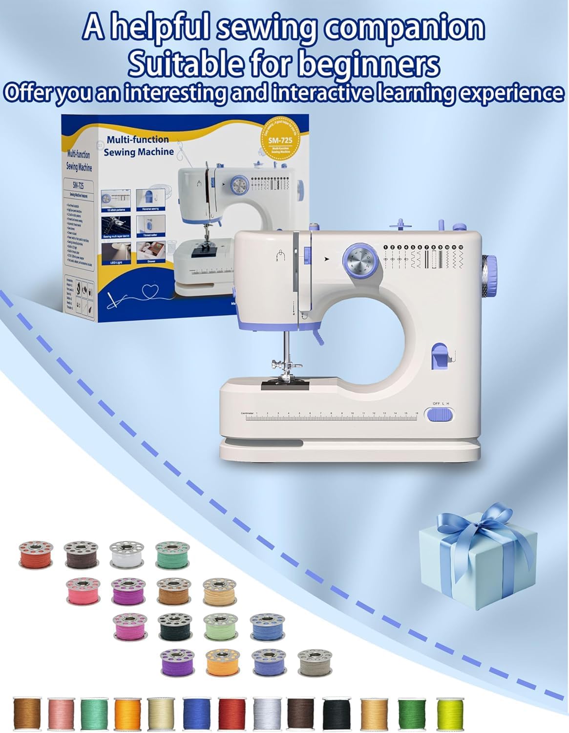 Portable Sewing Machine, Lncludes Beginner Basic Sewing Machine Kit, 12 Stitch Patterns Built-In, Versatile 2-Speed Foot Pedal, Great for Beginners, Adults, Home Use - Blue