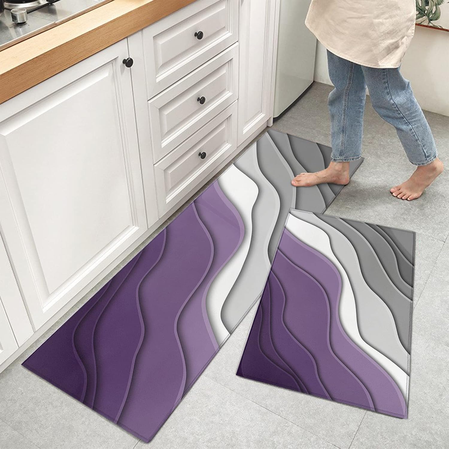 Kitchen Runner Rug, Purple Grey White Wave Stripes Non Slip Runner Carpet Door Mats Floor Mat for Laundry Bedside Bathroom Bedroom Set of 2 Abstract Geometric Lines