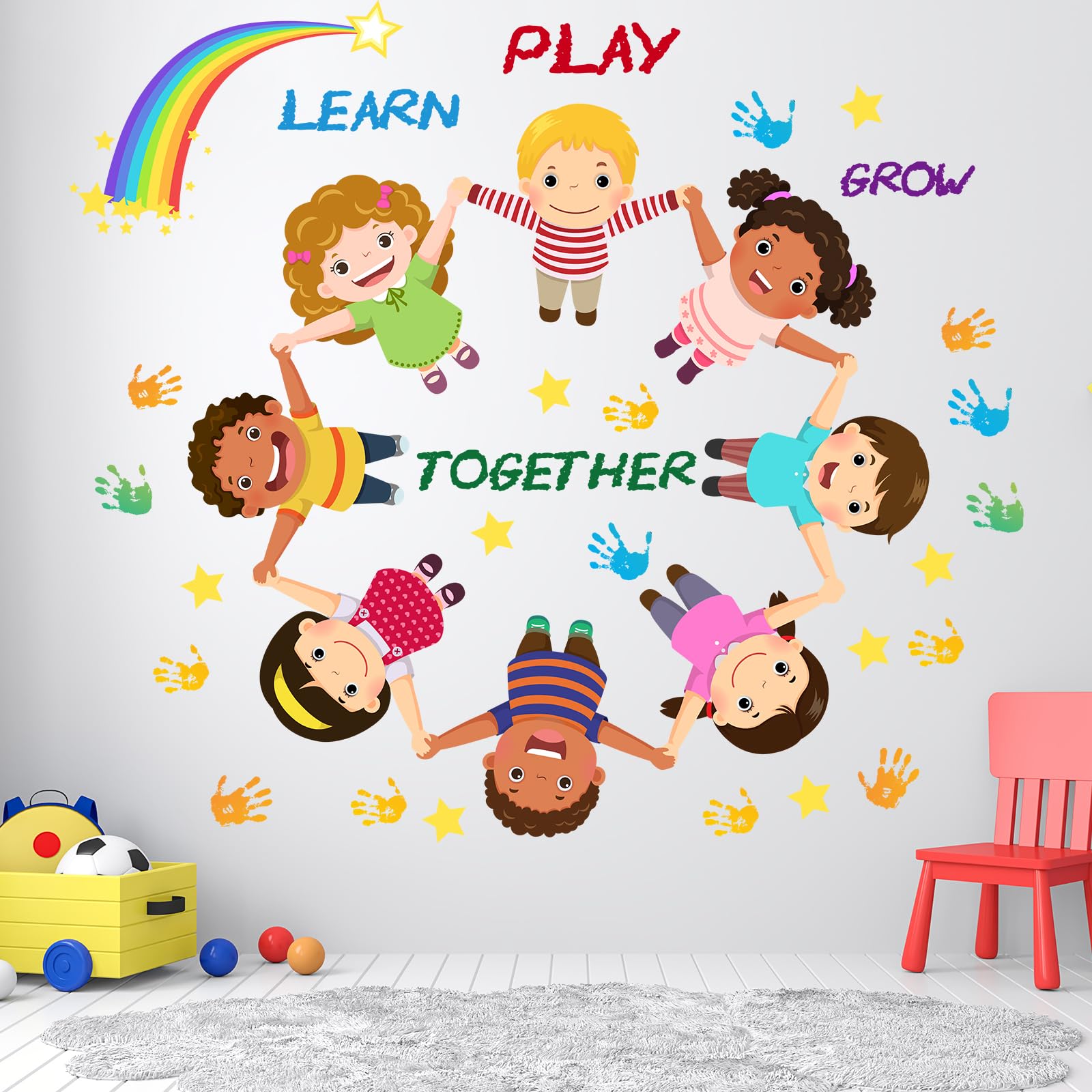 Kids Wall Decals for Classroom and Playroom – Colorful Learn Play Grow Together Stickers, Educational Rainbow & Diversity Wall Decor for Nursery, Daycare, Kindergarten and Preschool Rooms