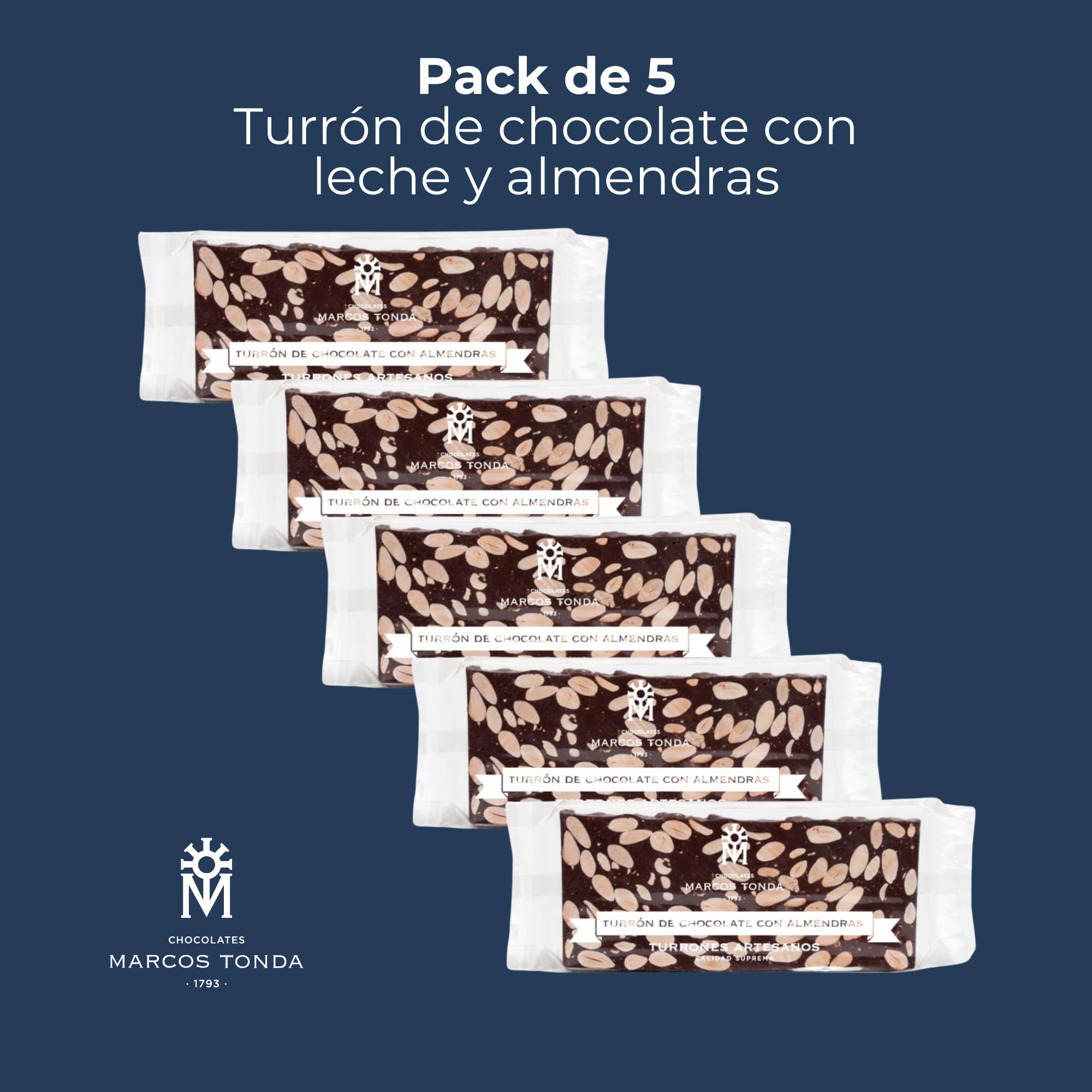 Chocolates Marcos Tonda - Pack De 5 Turron De Chocolate Con Leche Y Almendras | Turron Duro Con Chocolate Con Almendras | Caja De Chocolates Para Regalar | Chocolat Originales Para Regalar