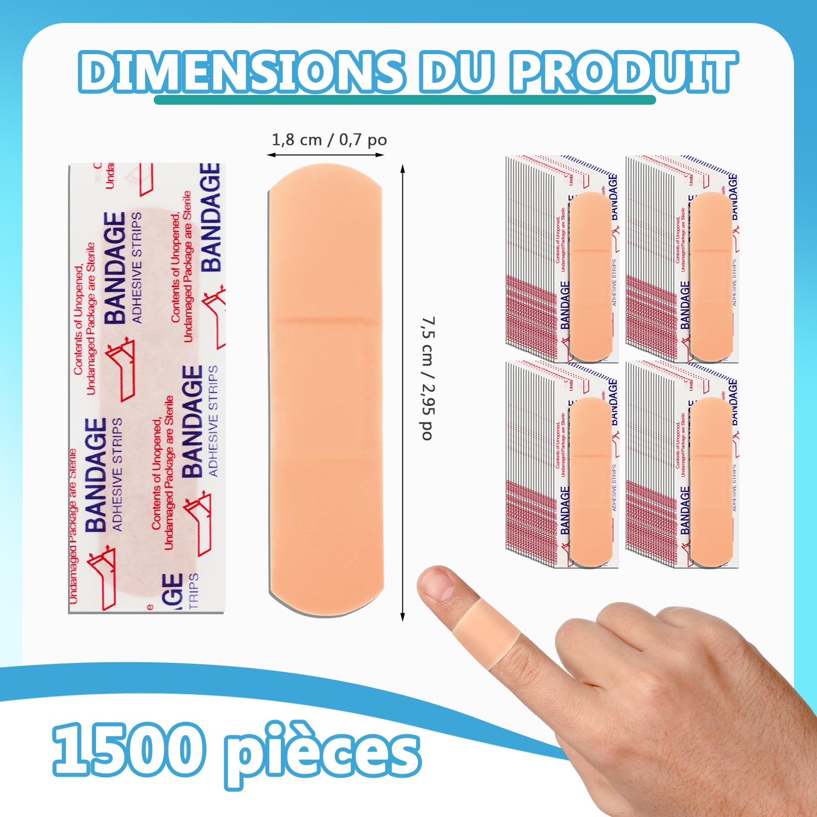Lot de 1500 Pansements Adhésifs Individuels 7,5 x 1,8 cm