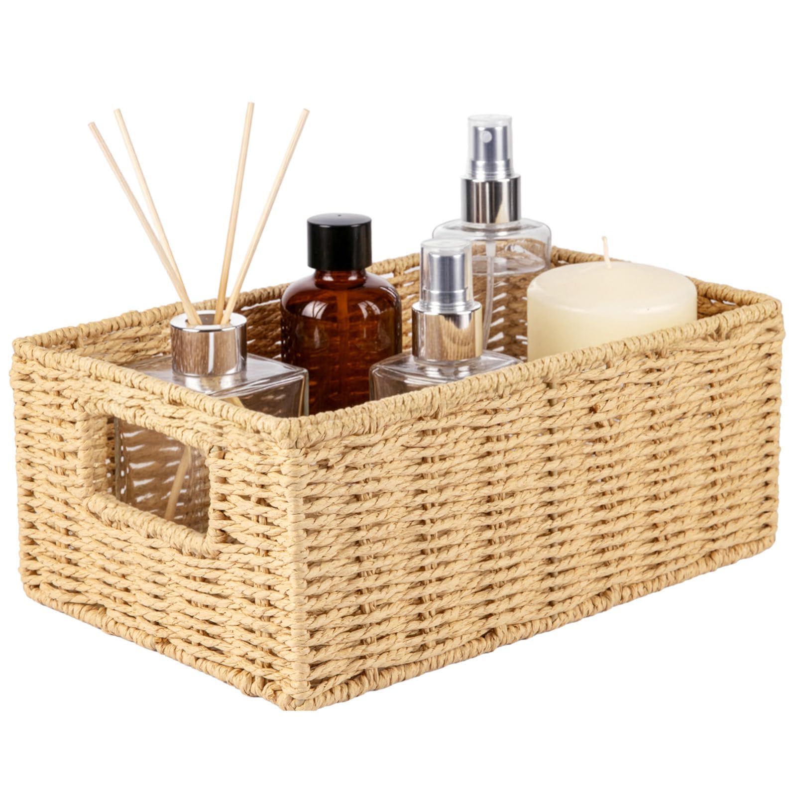 Minifactory Natural Paper Rope Storage Basket Collapsible Foldable Woven Organizer Bins with Handles for Shelves Pantry Bathroom Living Room & Home Decor Rustic Home Decor (Beige, 32x20x13cm)
