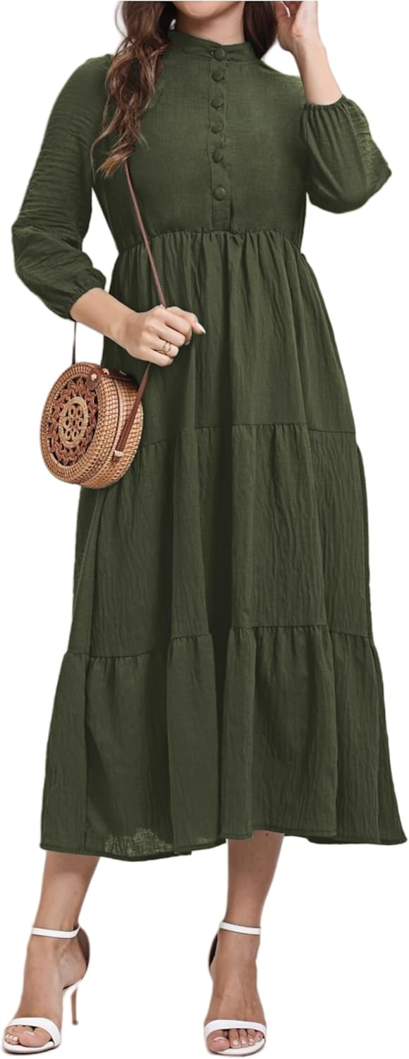 Women's Fall Button Down Casual Tiered Ankle Length 3/4 Sleeve Elastic A-Line Flowy Formal Dress with Pockets - Image 5