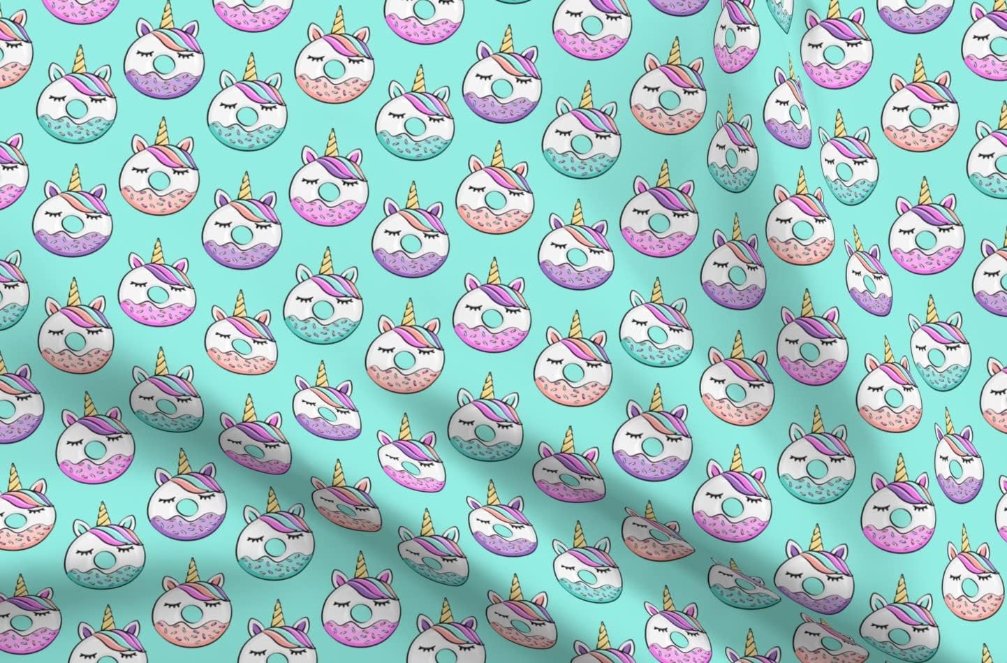 Spoonflower Fabric - Unicorn Donuts Blue Girl Aqua Teal Cooking Treat Printed on Organic Cotton Sateen Fabric by The Yard - Sewing Quilting Apparel Home Decor