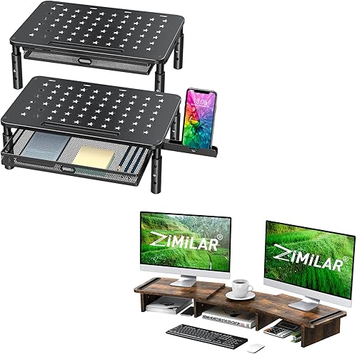 Zimilar Paquete de 2 soportes elevadores para monitor con cajón de metal, soporte de monitor de madera doble