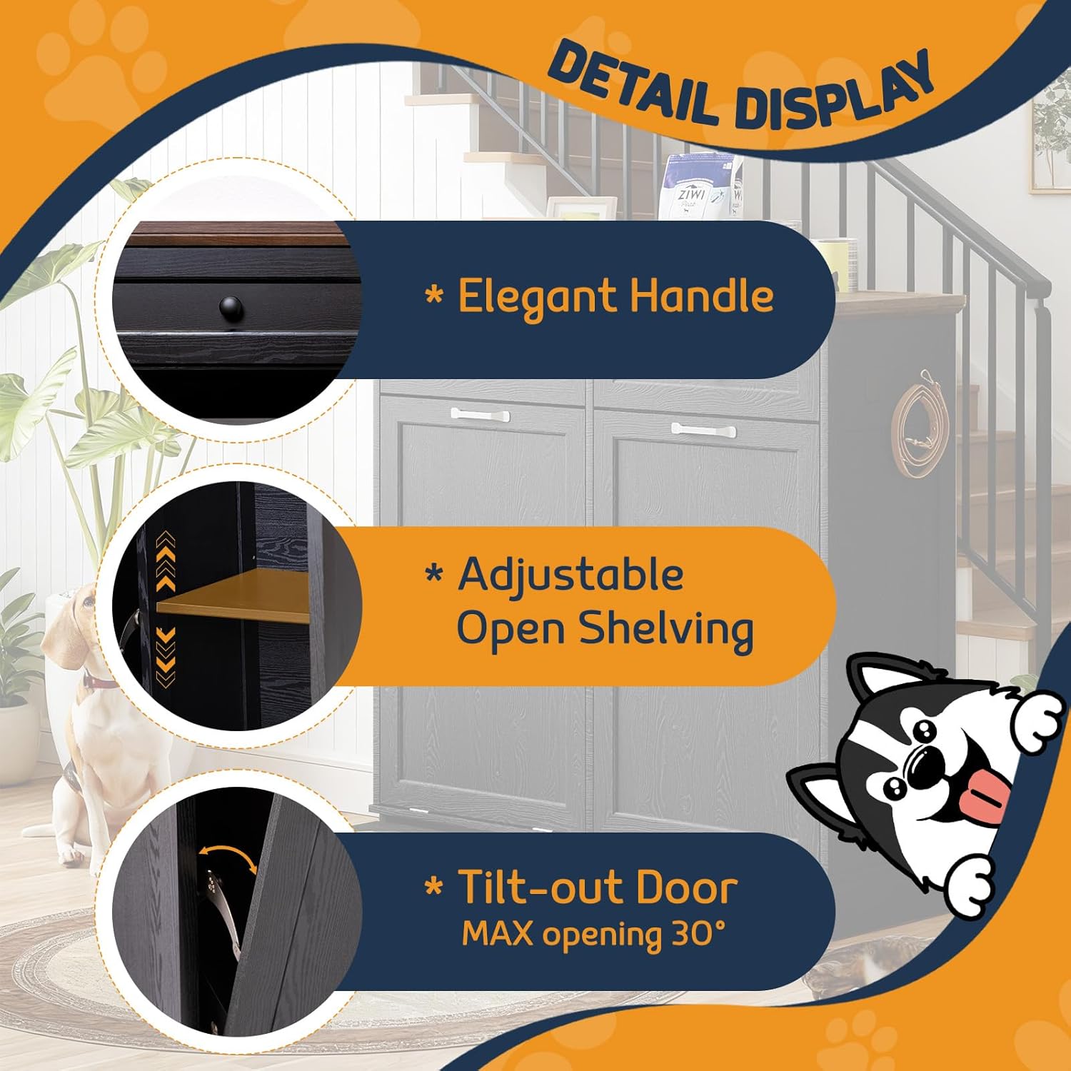 Double Door Dog Feeding Station with Storage,2X13 Gallons Tilt Out Trash Can Cabinet,Dog Food Cabinet with 4 pcs Dog Bowl for Kitchen/Living Room (Black, Double Door)