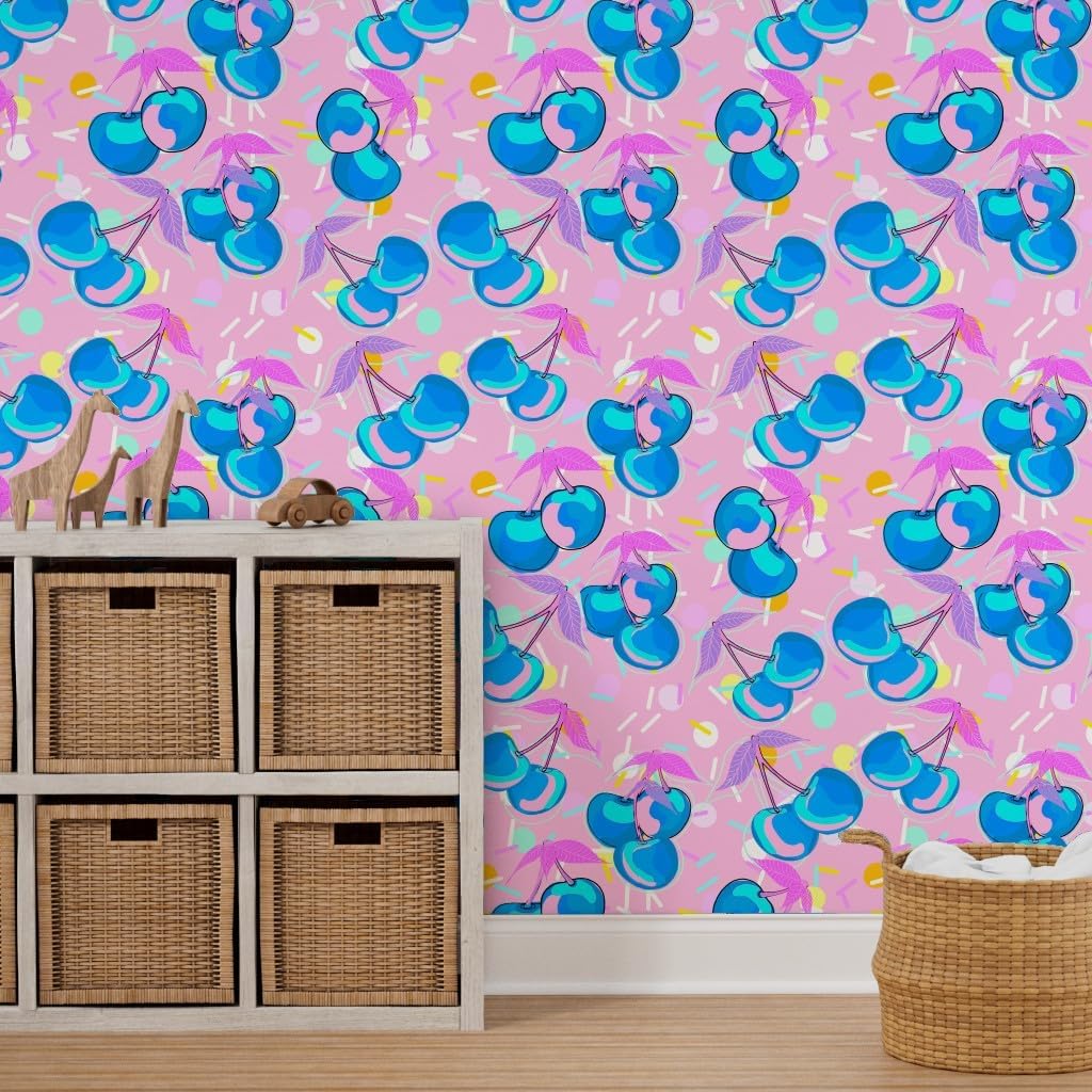 Peel & Stick Wallpaper 3ft x 2ft - Cartoon Cherries Bright Colors Pink Blue Neon Look Girly Digital Sprinkles Feminine Cute Girl Custom Removable Wallpaper by Spoonflower