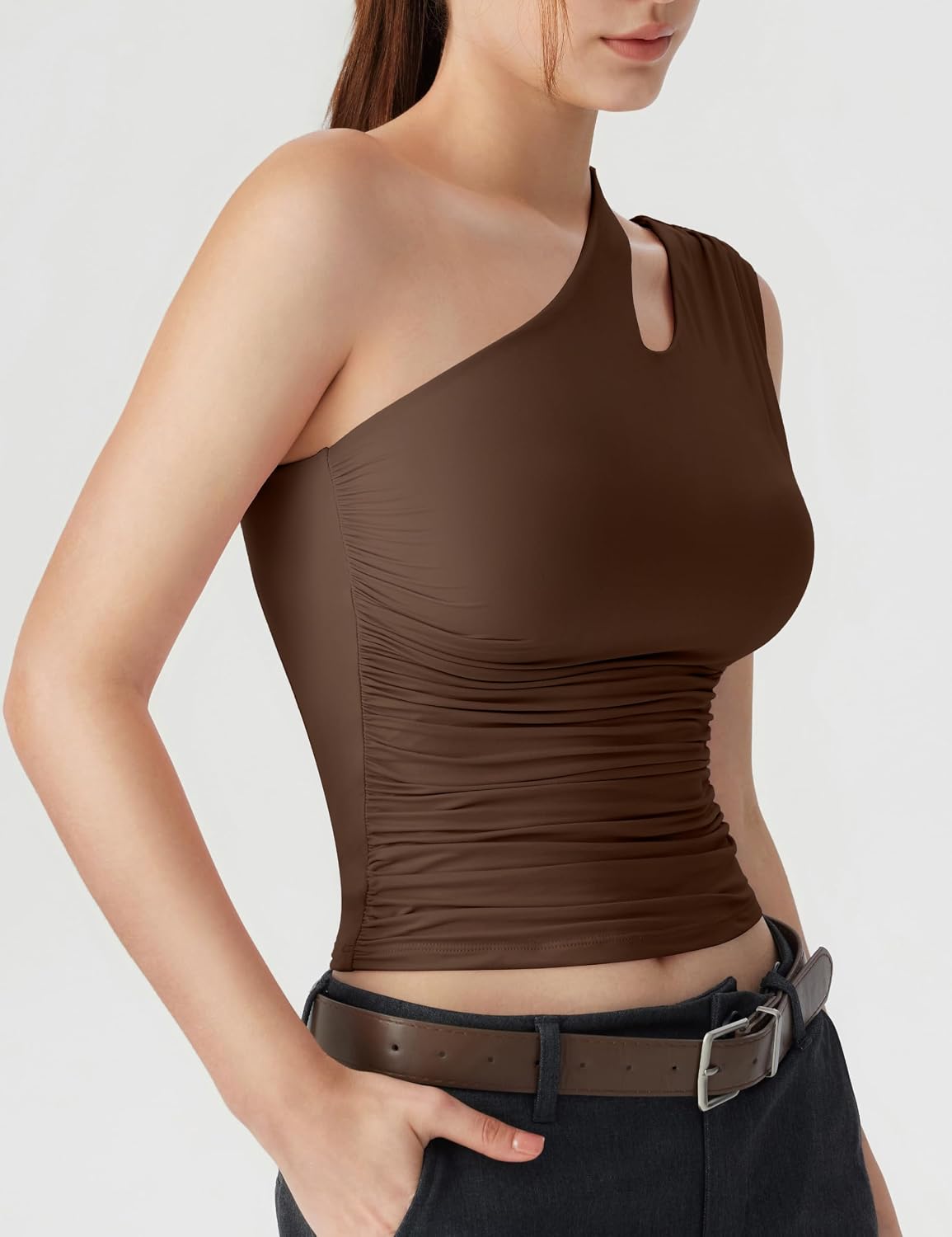 Women’s One Shoulder Tank Tops Double Lined Cut Out Ruched Slim Crop Tee Cute Sleeveless Y2k Going Out Shirts image 5