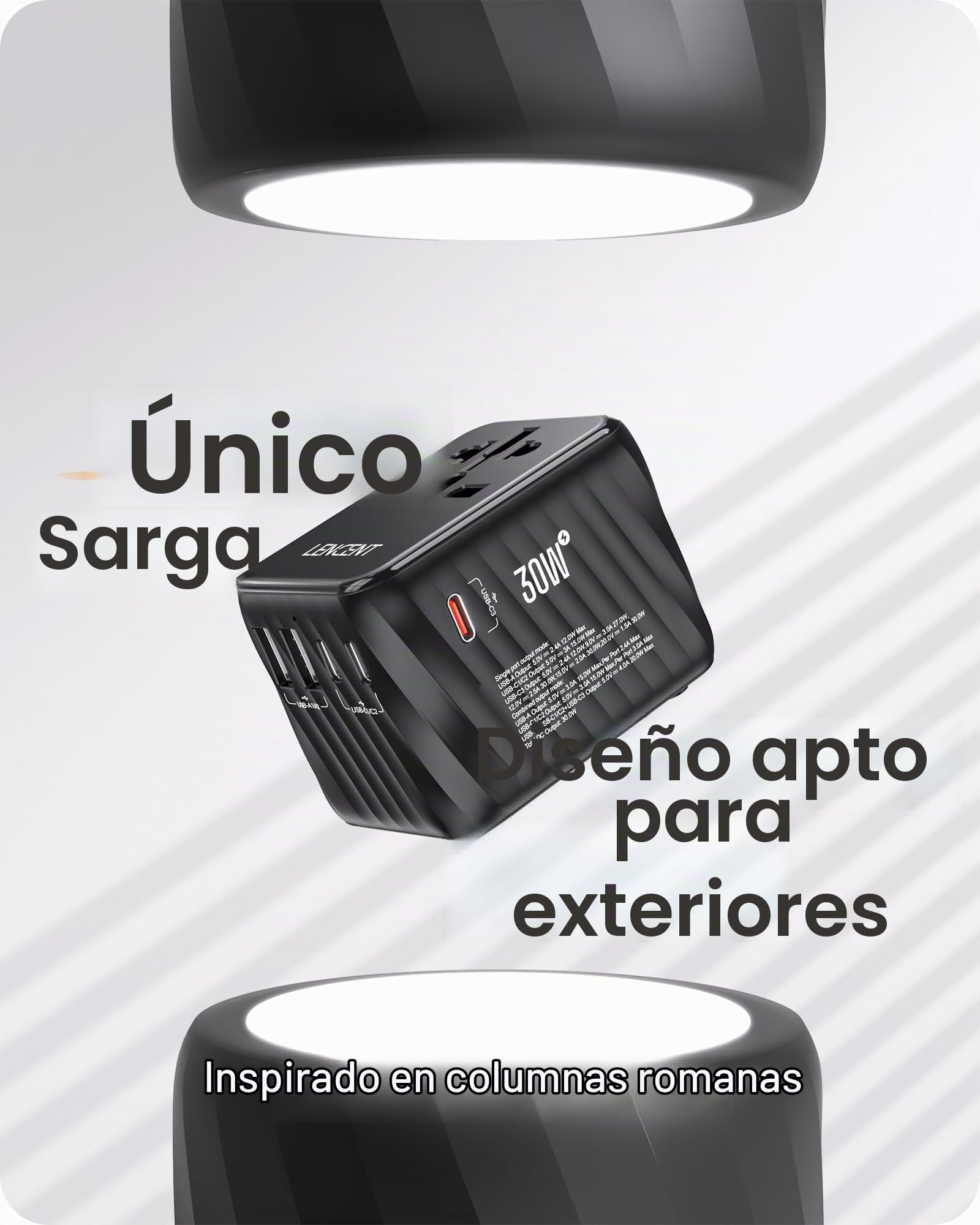 LENCENT Adaptador Enchufe Universal 30W, Cargador Internacional | con 3 USB-C+2 USB-A Carga Rápida, Adaptador Enchufe Europeo para Móvil, Tableta, Portátil, EU/USA/UK/AU, Negro