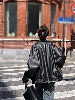 Dninmim Women's Black Oversized Leather Jacket Pu Boyfriend Style