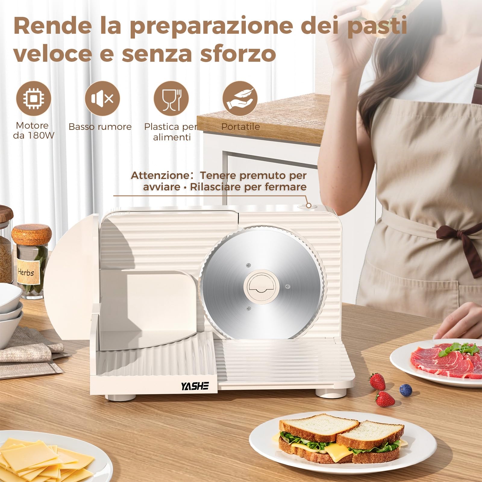 YASHE Affettatrice Elettrica Da Casa Pieghevole, 180W Con Lama Seghettata Da 17 Cm, Spessore Regolabile 0–15 Mm, Facile Da Pulire E Design Sicuro Per Carne, Formaggio, Pane, Verdure