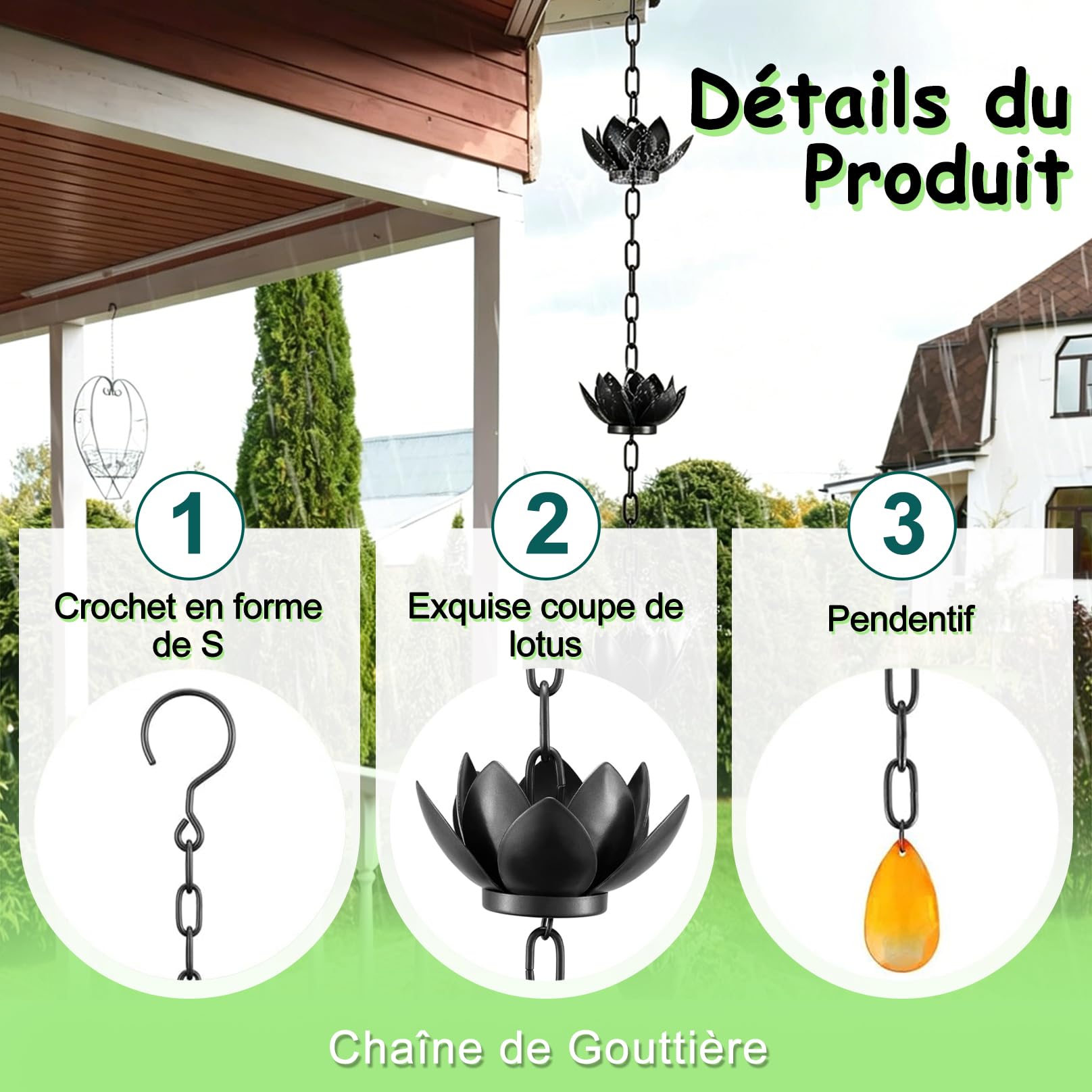 Chaîne de Pluie Décorative avec Coupelles Lotus, Chaîne de Pluie pour l'Extérieur, Pratique et Élégante, Alternatives aux Descentes Pluviales, pour Toit Jardin Terrasse A 2.4m