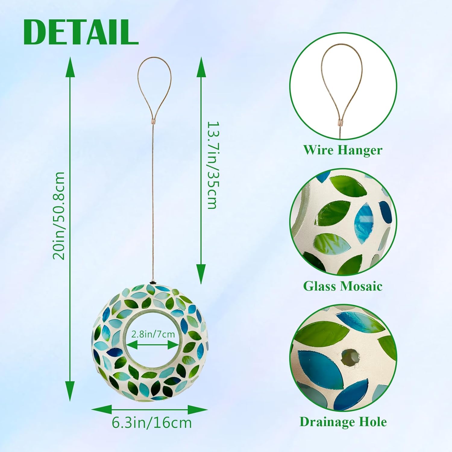 Hanging Bird Feeders for Outdoor Glass Mosaic Fly Through Wild Bird Feeder Round Shape Birdfeeder for Outside Garden Yard Patio Decoration Green