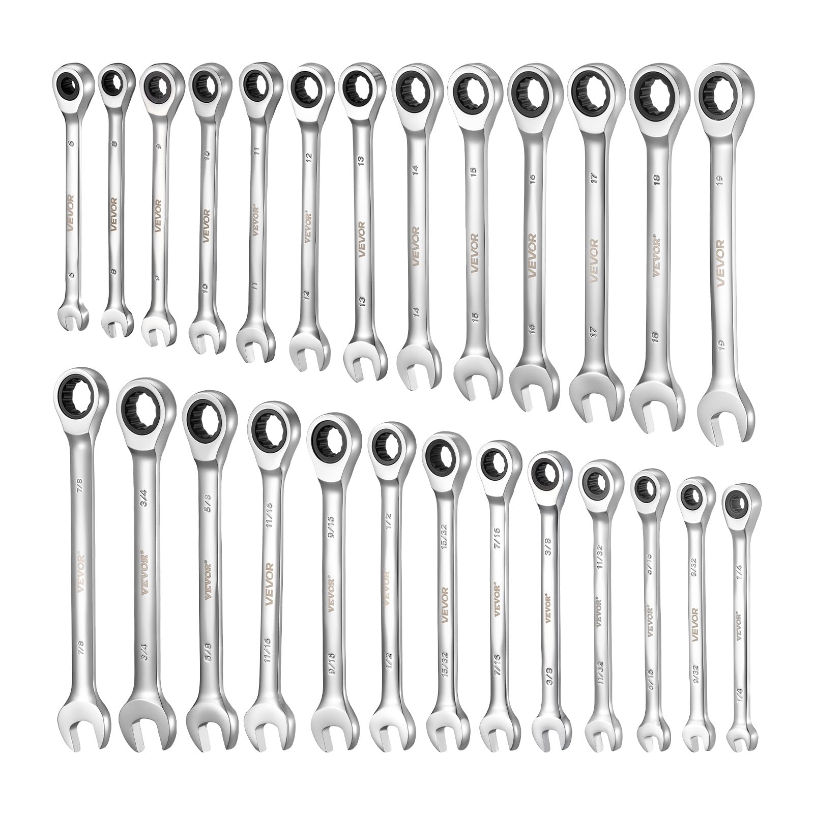 VEVOR Juego de Llaves de Trinquete 26 Unidades, Llaves Combinadas con Carraca, Métrica de 6-19 mm y SAE de 1/4 ''-7/8 '', con Organizador, para Bricolaje Hogar Reparaciones de Automóvil, Plateado