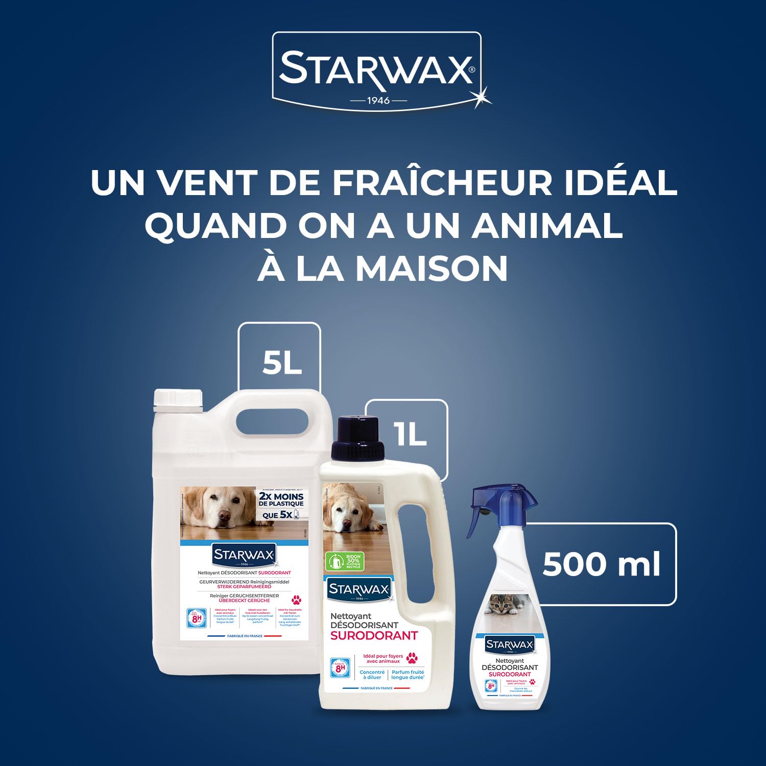 STARWAX Nettoyant désodorisant surodorant 5L | Nettoie les surfaces et lieux de vie des animaux, parfum longue durée, sans javel, fabriqué en France, rendement 1100m²/L