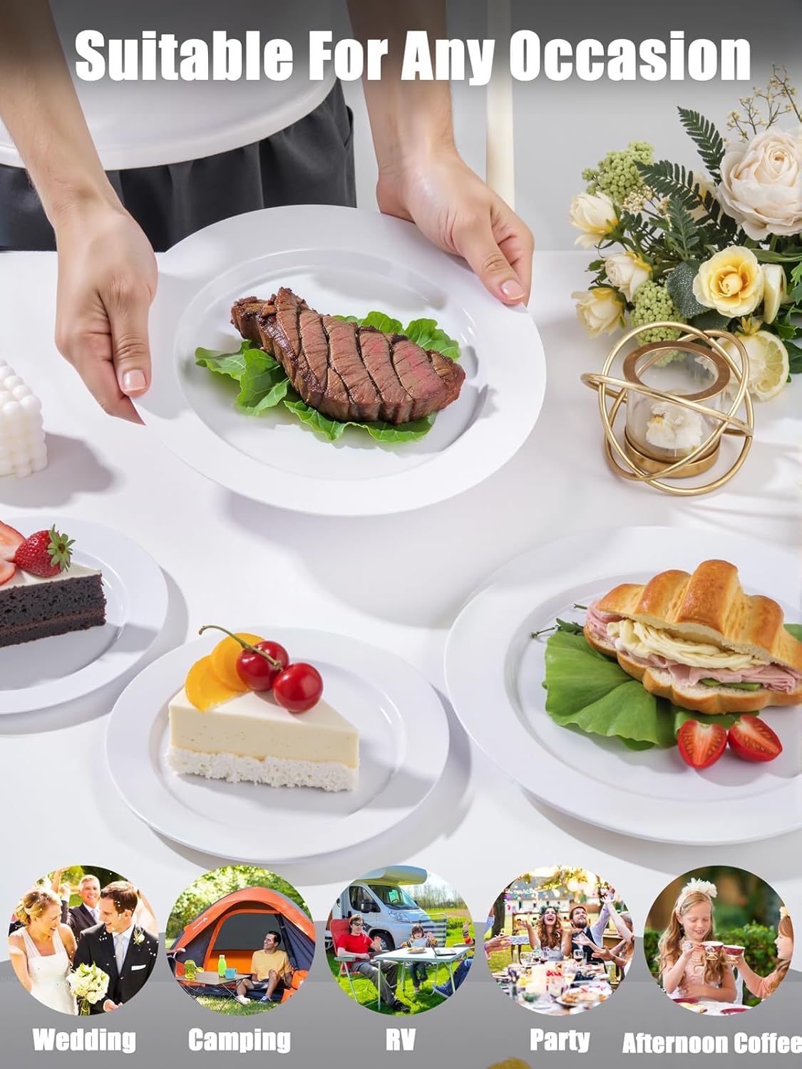 WDF 200pcs White Plastic Plates Disposable - Heavy Duty Plastic Plates for Party - Include 100 x 10 Dinner Plate and 100 x 7 Dessert/Cake Plate - Ideal for Weddings/Parties/Events