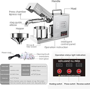 Automatic Oil Press Machine 820W, Cold & Hot Press Electric Oil Extractor, 304 Stainless Steel, Temperature Control, High Efficiency for Peanut Coconut Flax Sunflower Sesame Avocado