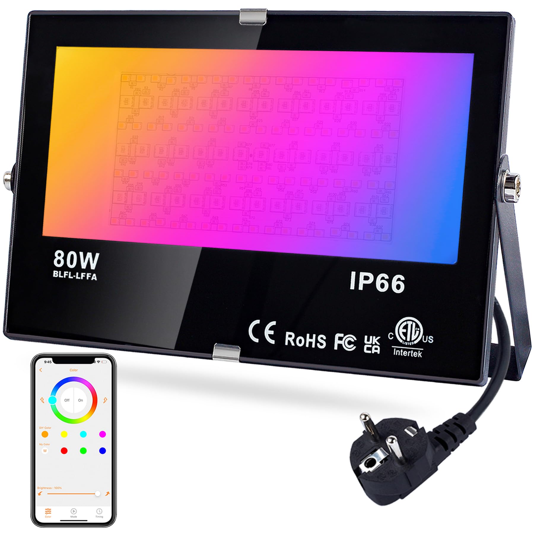 DUSKTEC Faretto LED da Esterno RGB 80W, Fari LED Colorate APP Bluetooth Controllo, Proiettori Dimmerabile con Memoria, Impermeabile IP66 Luce di Inondazione Bianca Calda per Interni ed Esterni