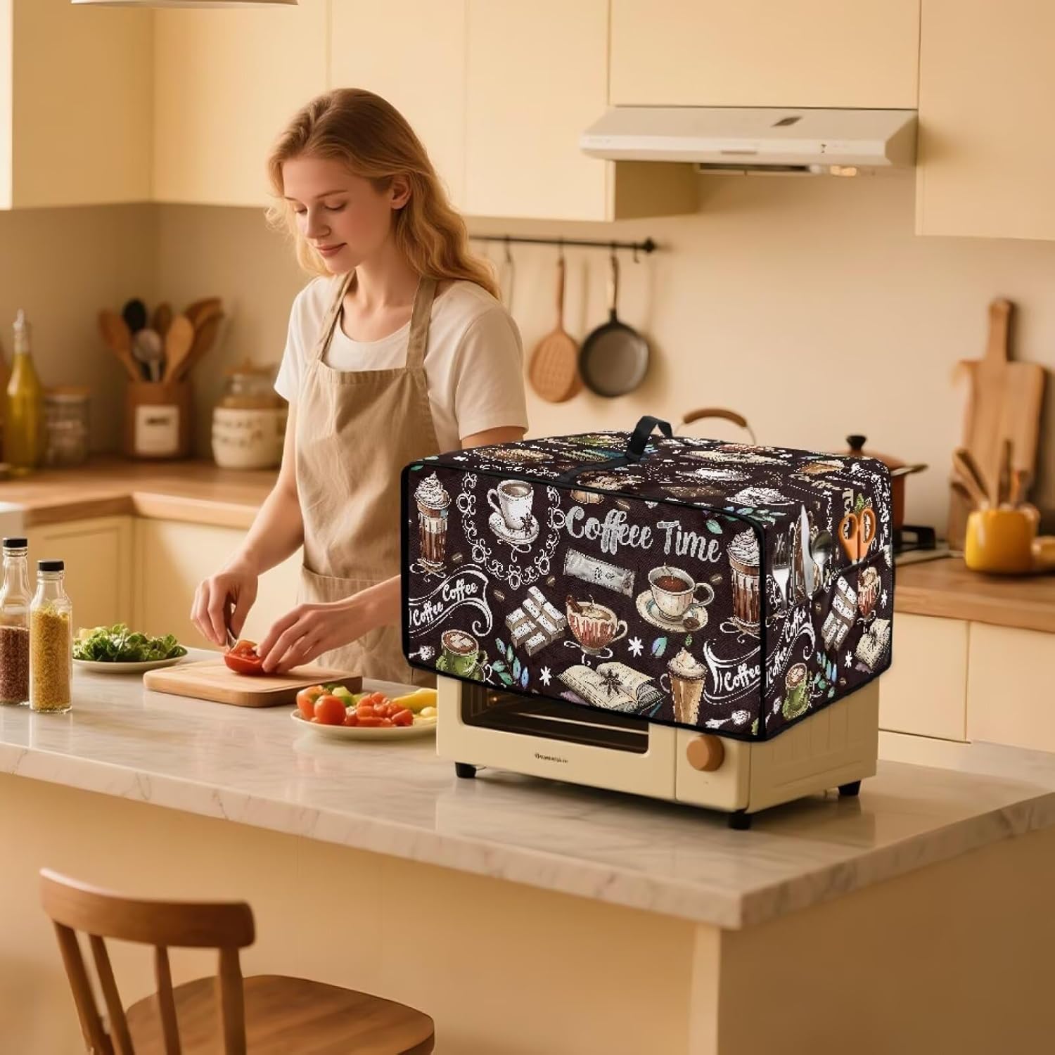 Coffee Book Brown Print Convection Toaster Oven Cover for Kitchen Counter Stain Resistant Appliance Protective Case with Top Handle Washable Decor Accessories, 22.5" x 18.5" x 13"