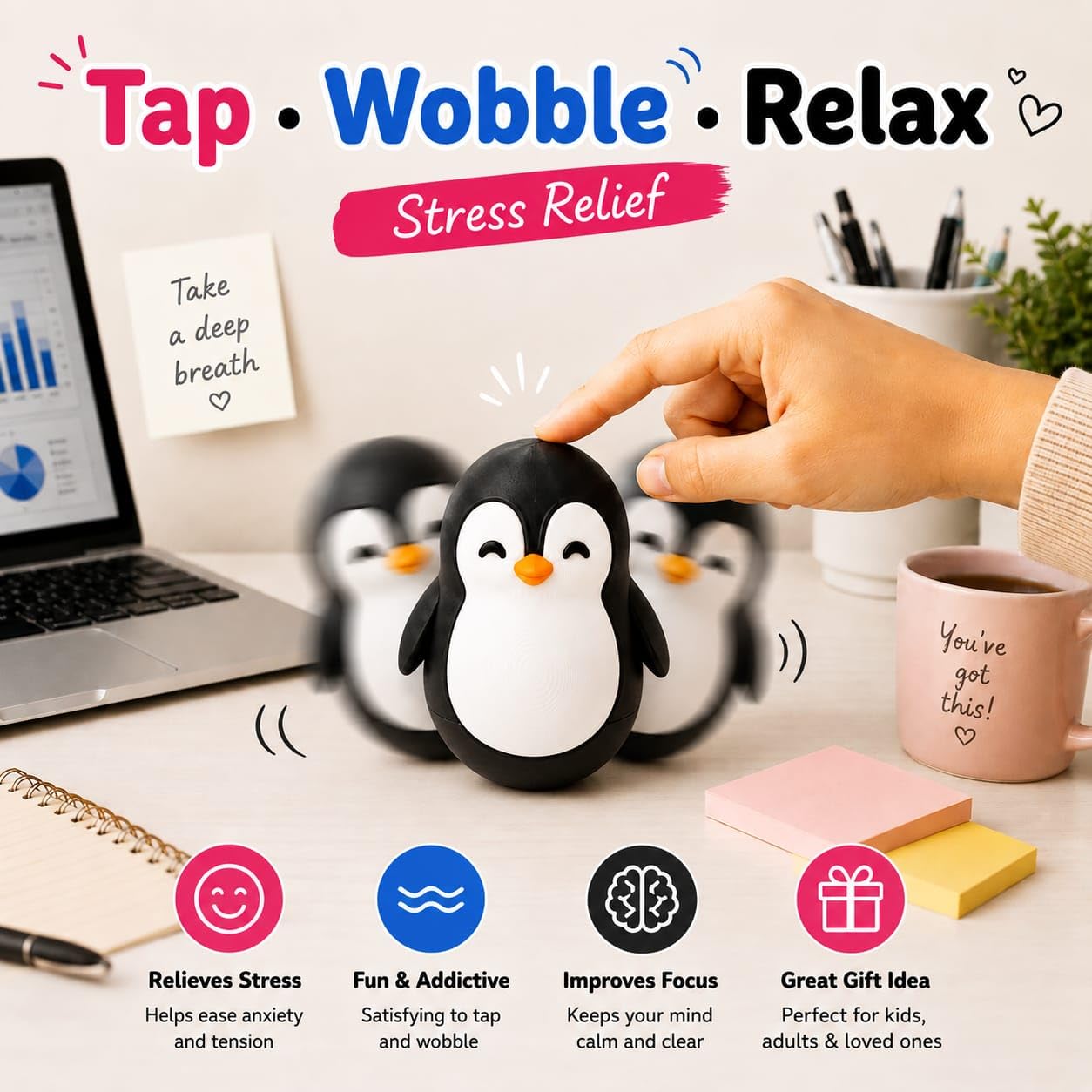 Roly Poly Penguin Wobbler | Cute Self-Righting Penguin Desk Toy | Stress Relief Fidget Toy | Mini Penguin Collectible | Office Desk Decor & Gift (Emperor Black, 1 pc) — Amazon image 4