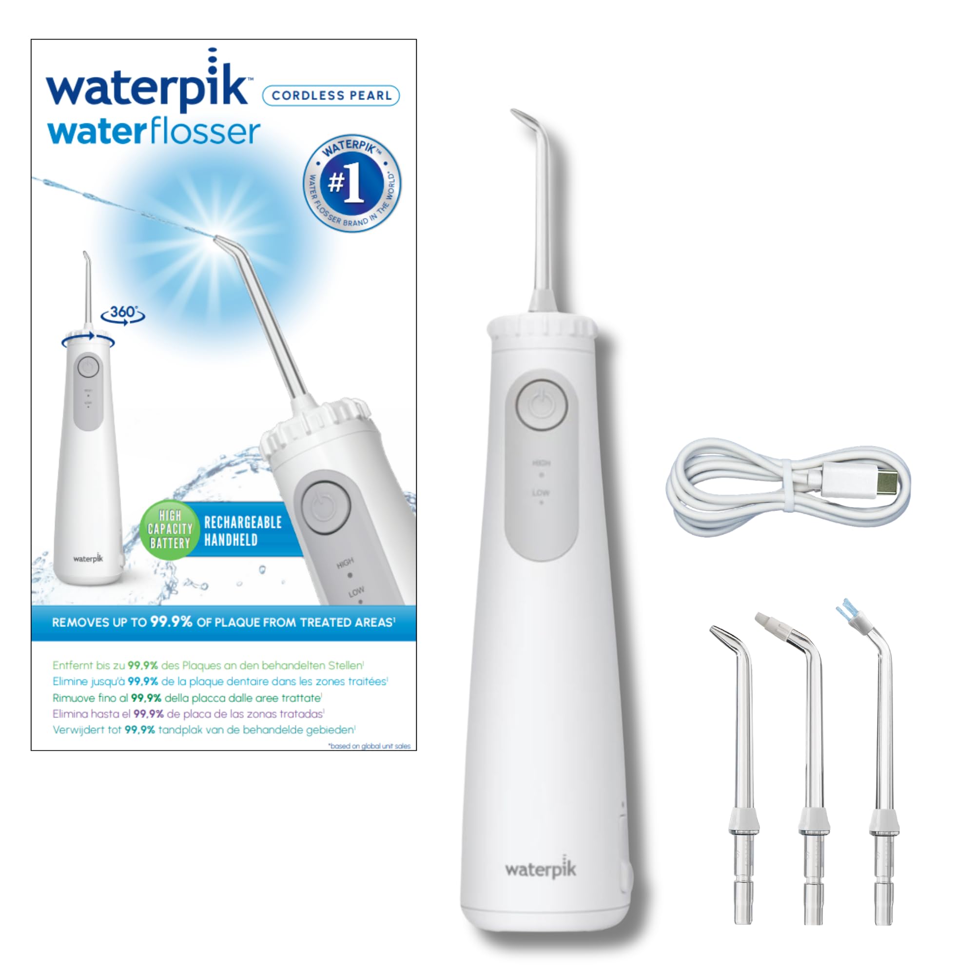 Irrigador dental Waterpik Cordless Pearl, irrigador bucal portátil y recargable, limpia entre dientes, elimina placa, resistente al agua, ideal para viajes y baños pequeños, blanco