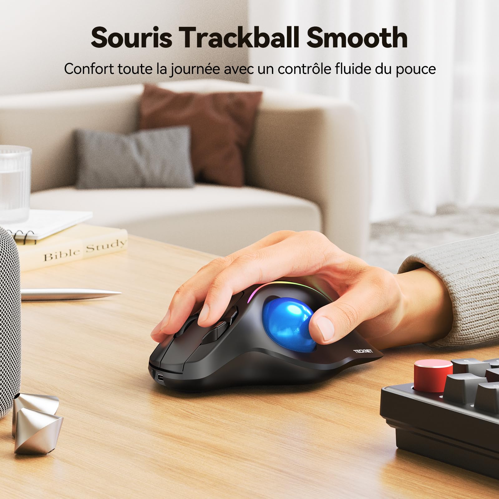 TECKNET Trackball Souris sans Fil, Bluetooth et dongle crypté | Souris Ergonomique sans Fil, 6 Touches, Connexion à 3 appareils, éclairage RGB, Compatible avec PC/Mac, Bleu