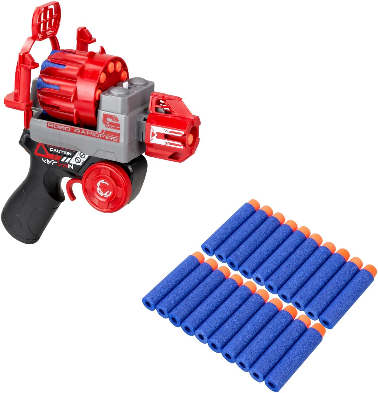 നീല ഡാർട്ടുകളുടെ ഒരു കൂട്ടത്തിനടുത്തായി, ബ്ലാസ്റ്ററായി രൂപാന്തരപ്പെട്ട റോബോ റാപ്പിഡ്ഫയർ റിമോട്ട് കൺട്രോൾ.