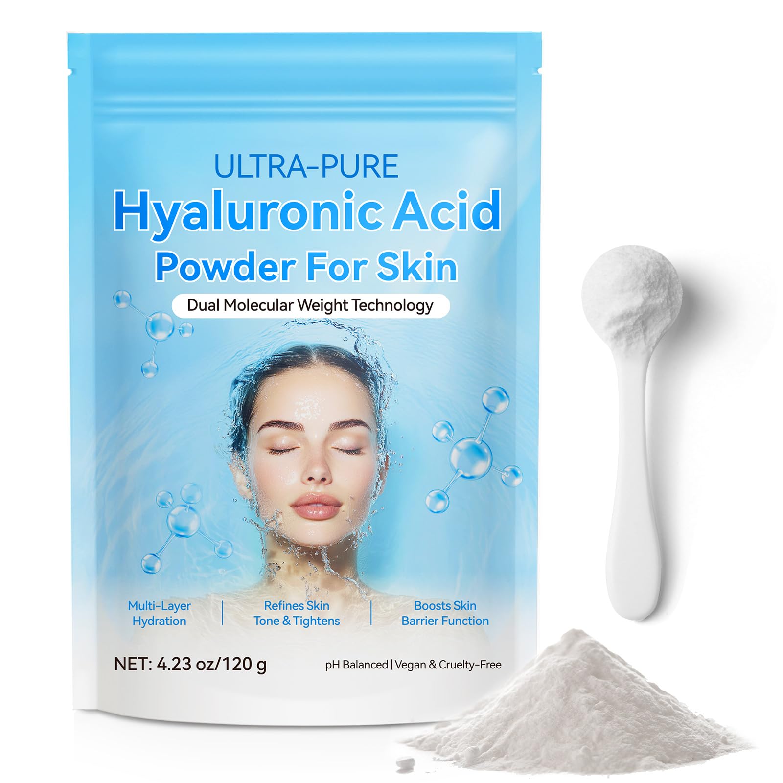 Ultra Pure Hyaluronic Acid Powder 120g, Sodium Hyaluronate Powder with Dual Molecular Weight Technology, Hydrating DIY Skincare Ingredient for Face Serum, Cream, Lotion, Mask, Fragrance Free, Vegan