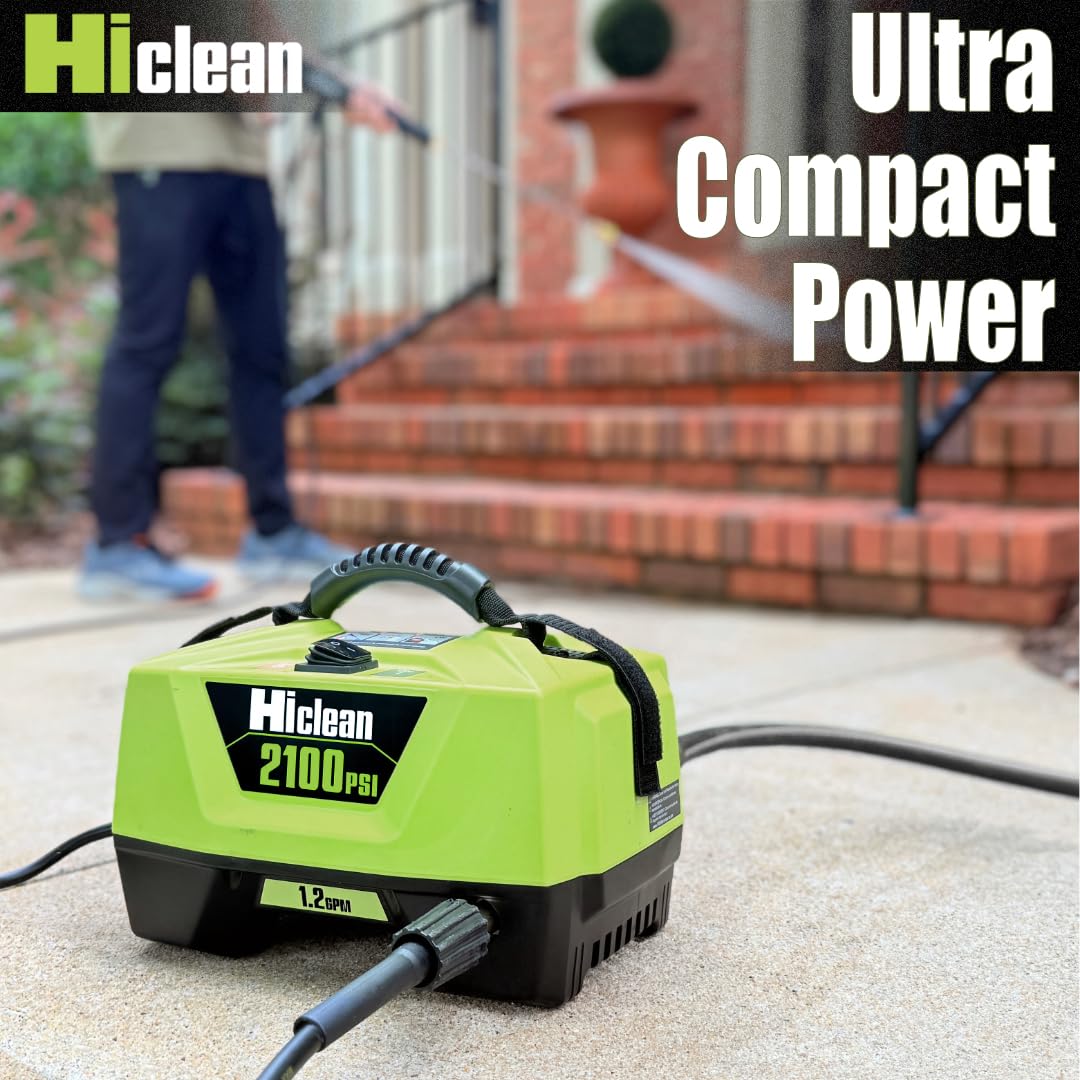 Hiclean Lavadora a presión eléctrica, 2100 PSI máximo, ultra compacta, cañón de espuma, turbo y boquillas de ventilador, para lavar coches, patios y vallas