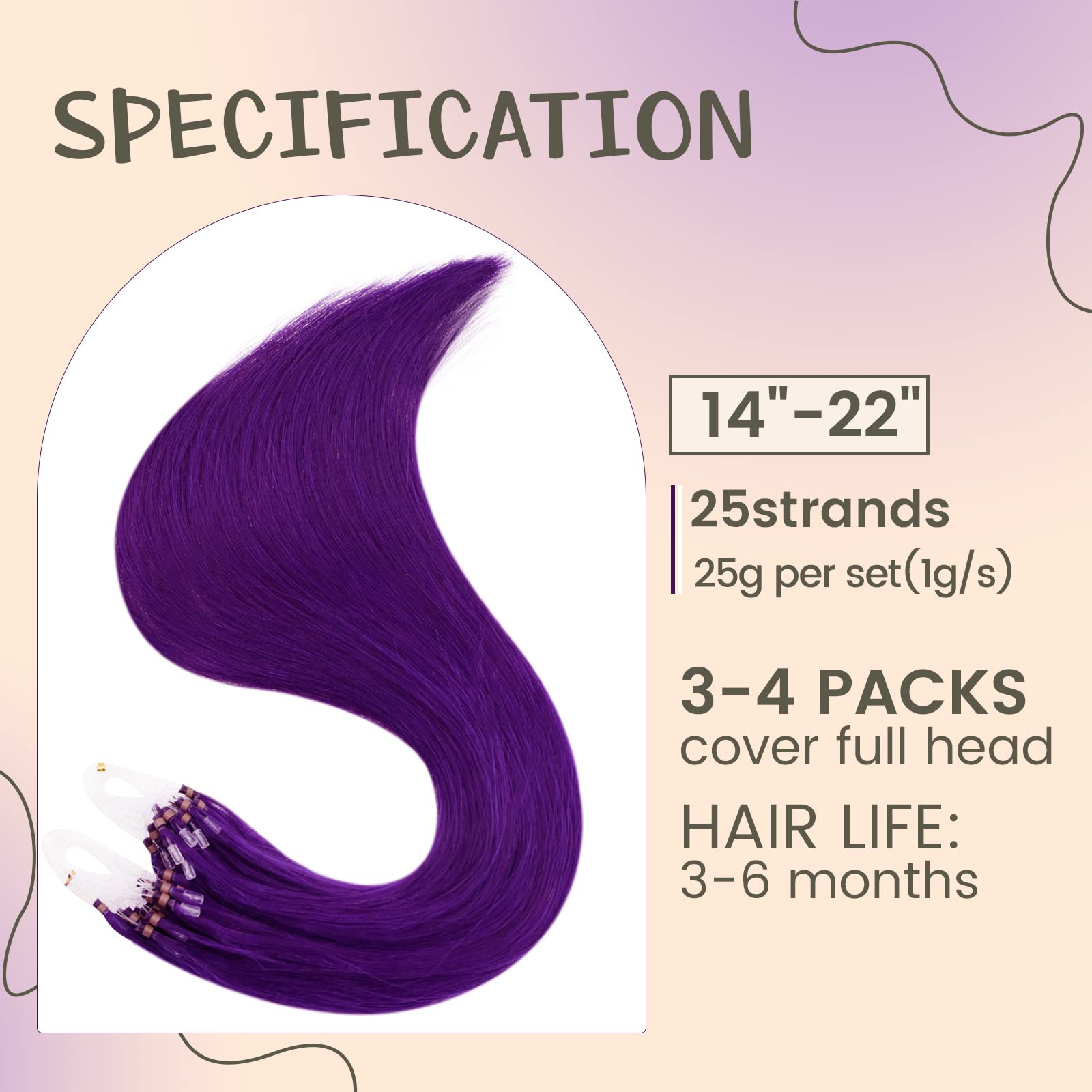 RUNATURE Micro Beads Hair Extensions Real Hair Purple Remy Micro Ring Hair Extensions Invisible Remy Straight Micro Hair 14 Inch 25g/25strands #Purple - Image 3