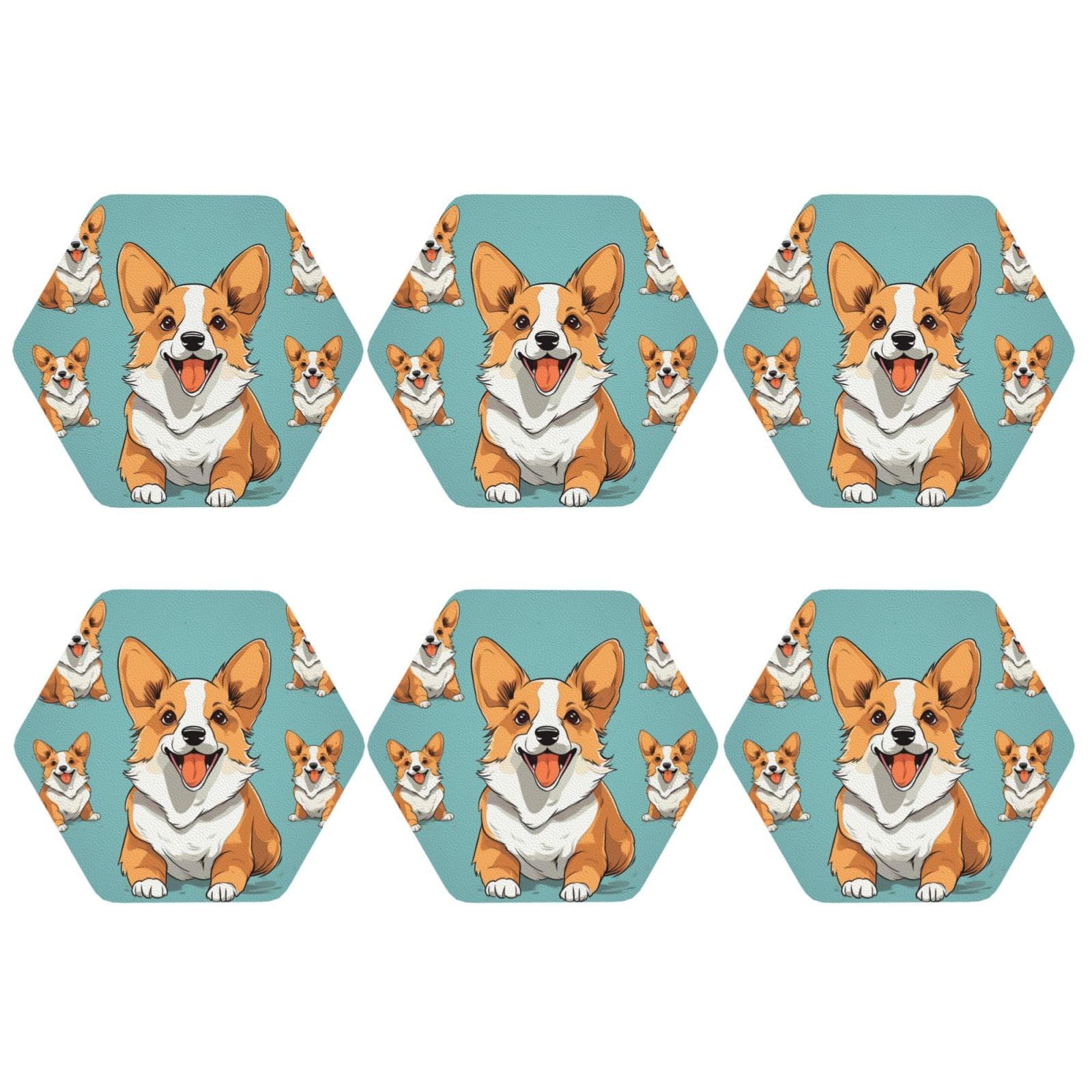 6Pcs PU Leather Coaster for Drinks, Corgi Cute Dog Cup Coastersr 4" Cup Mat Pad, Aesthetic Drink Coasters for Coffee Table, Hexagon Coaster for Tabletop Protection