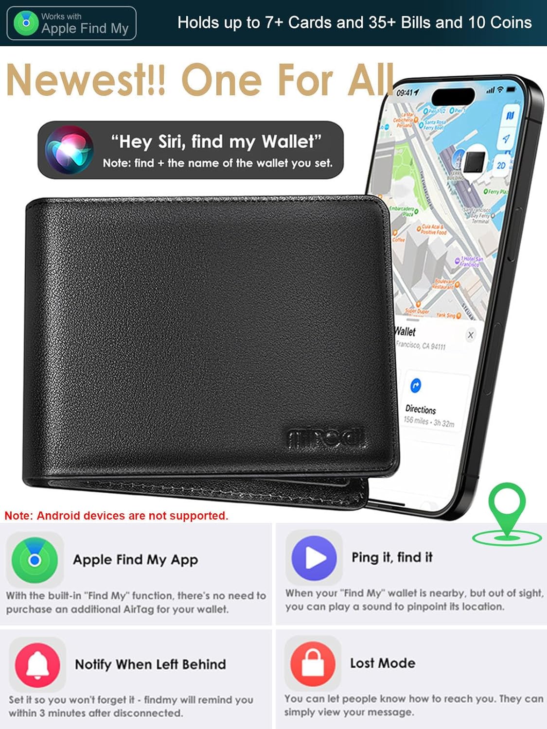 Wallet for Men Built-in Anti-Loss Tracker, Real-Time Tracking Smart Bifold, RFID Blocking Men's Wallet, 7 Card Slots Travel Gifts for Dad, Christmas, Birthday, iOS Only (Classic Black-Real Leather) - Image 2